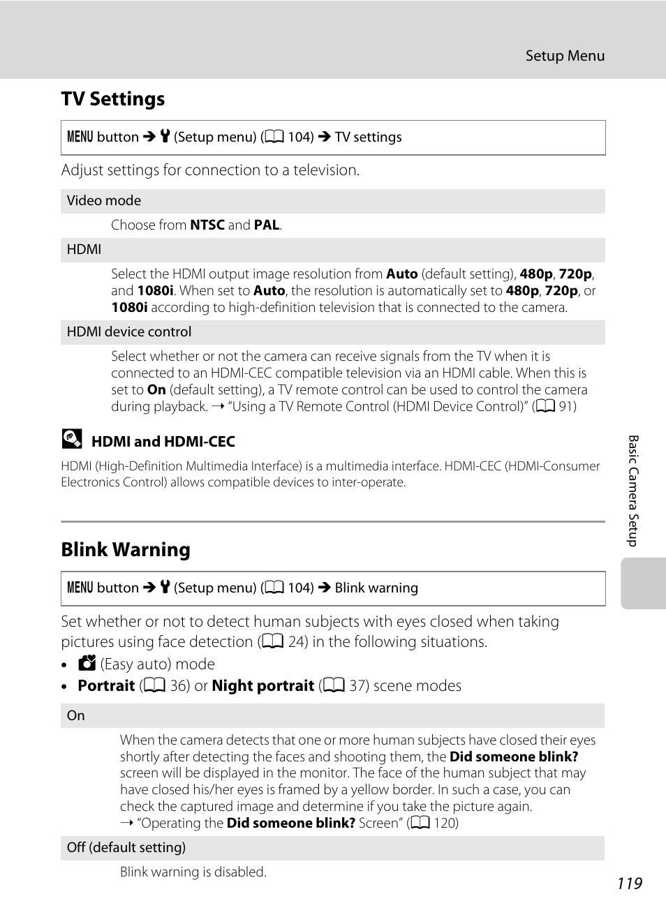 Tv settings, Blink warning, Tv settings blink warning | A 119), A 119) i, A 119 | Nikon Coolpix L120 User Manual | Page 131 / 164
