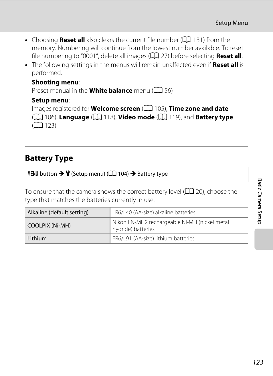 Battery type, A 123, 12, A 123) | A 123 | Nikon Coolpix L120 User Manual | Page 135 / 164