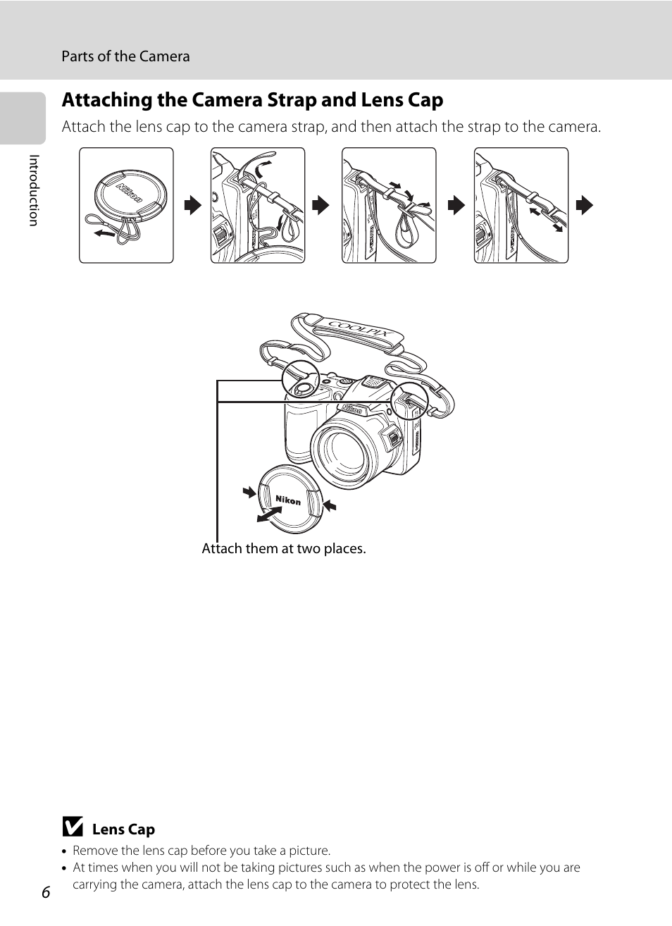 Attaching the camera strap and lens cap | Nikon Coolpix L120 User Manual | Page 18 / 164