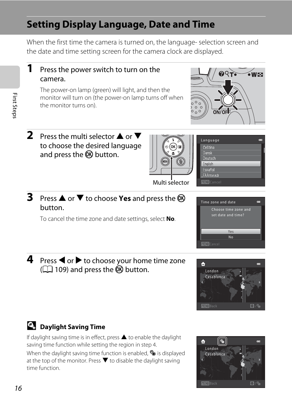 Setting display language, date and time, Press the power switch to turn on the camera, Press h or i to choose yes and press the k button | Nikon Coolpix L120 User Manual | Page 28 / 164