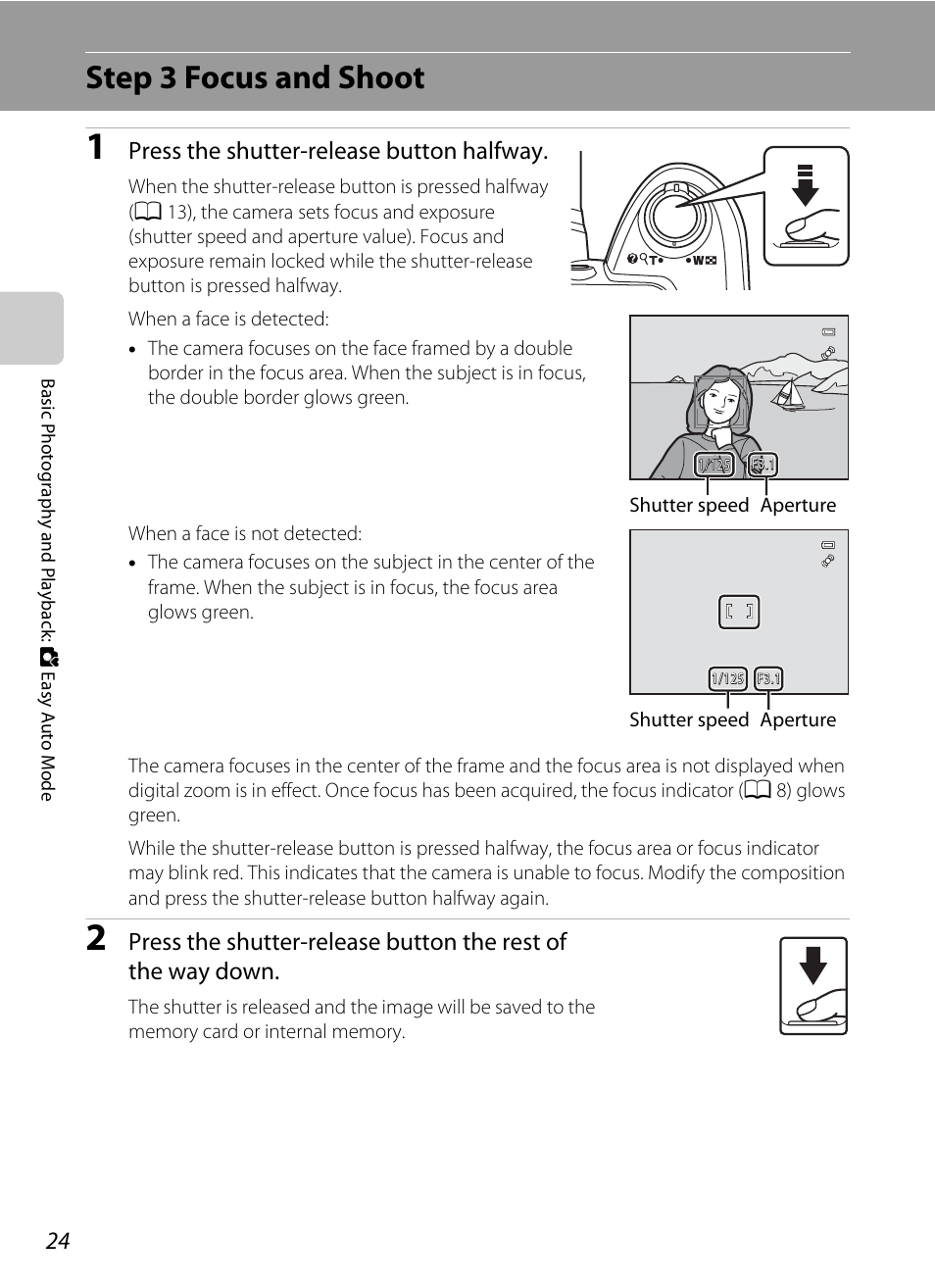 Step 3 focus and shoot, S on it, A 24, 3 | Press the shutter-release button halfway | Nikon Coolpix L120 User Manual | Page 36 / 164