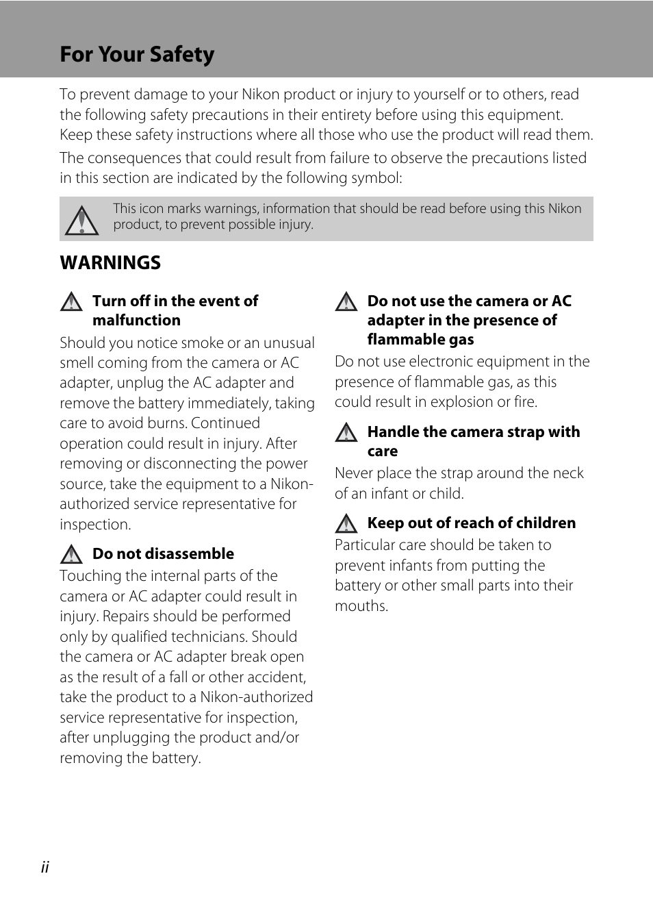 For your safety, Warnings | Nikon Coolpix L120 User Manual | Page 4 / 164
