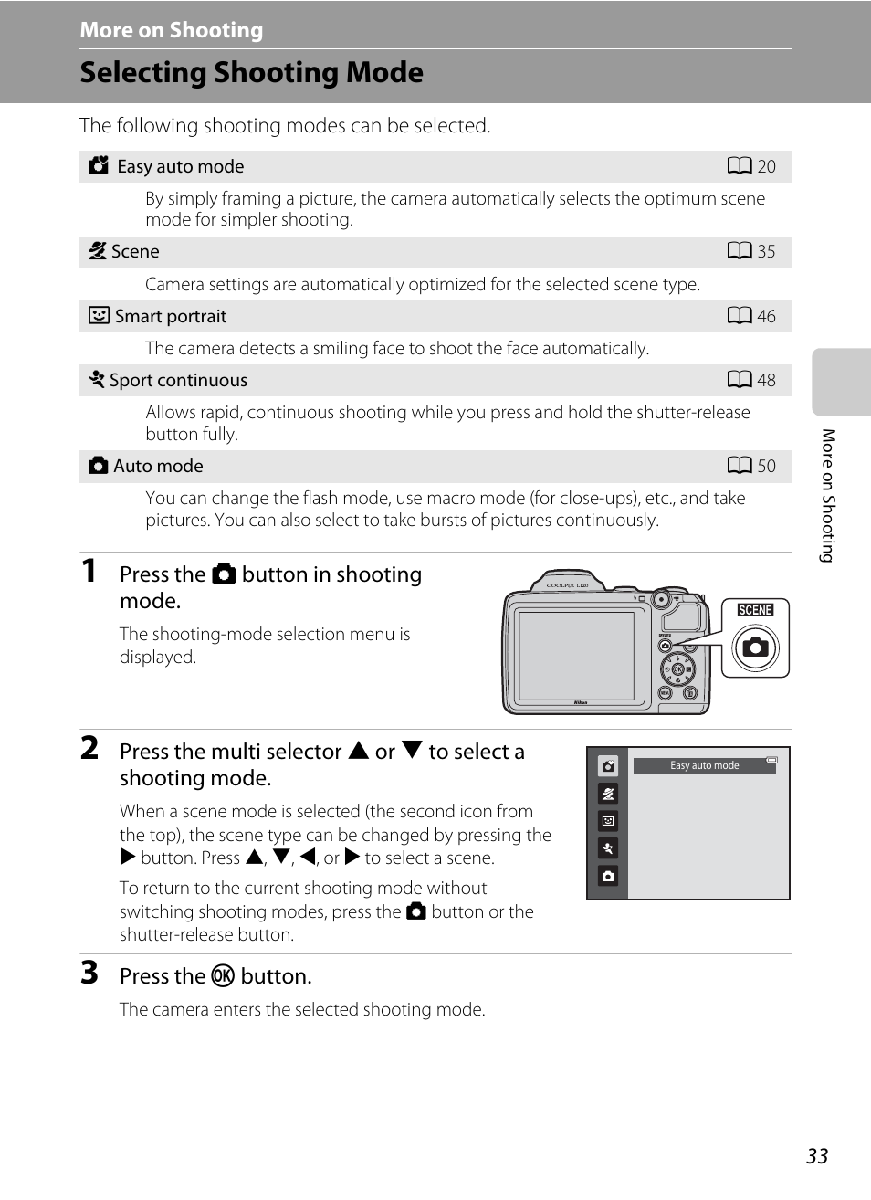 More on shooting, Selecting shooting mode, A 33) | Nikon Coolpix L120 User Manual | Page 45 / 164