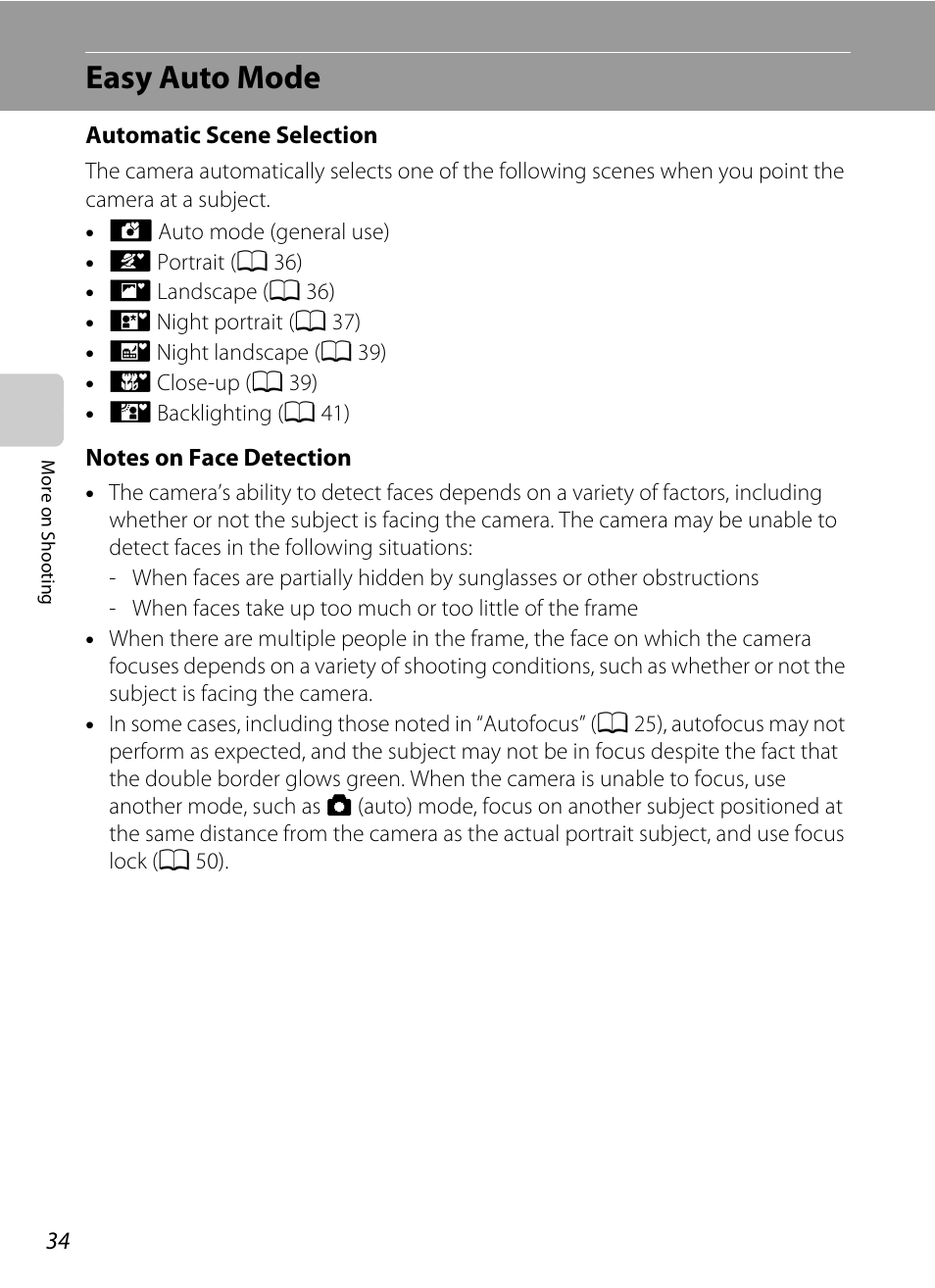 Easy auto mode, Ee “notes on face detection, A 34 | Nikon Coolpix L120 User Manual | Page 46 / 164