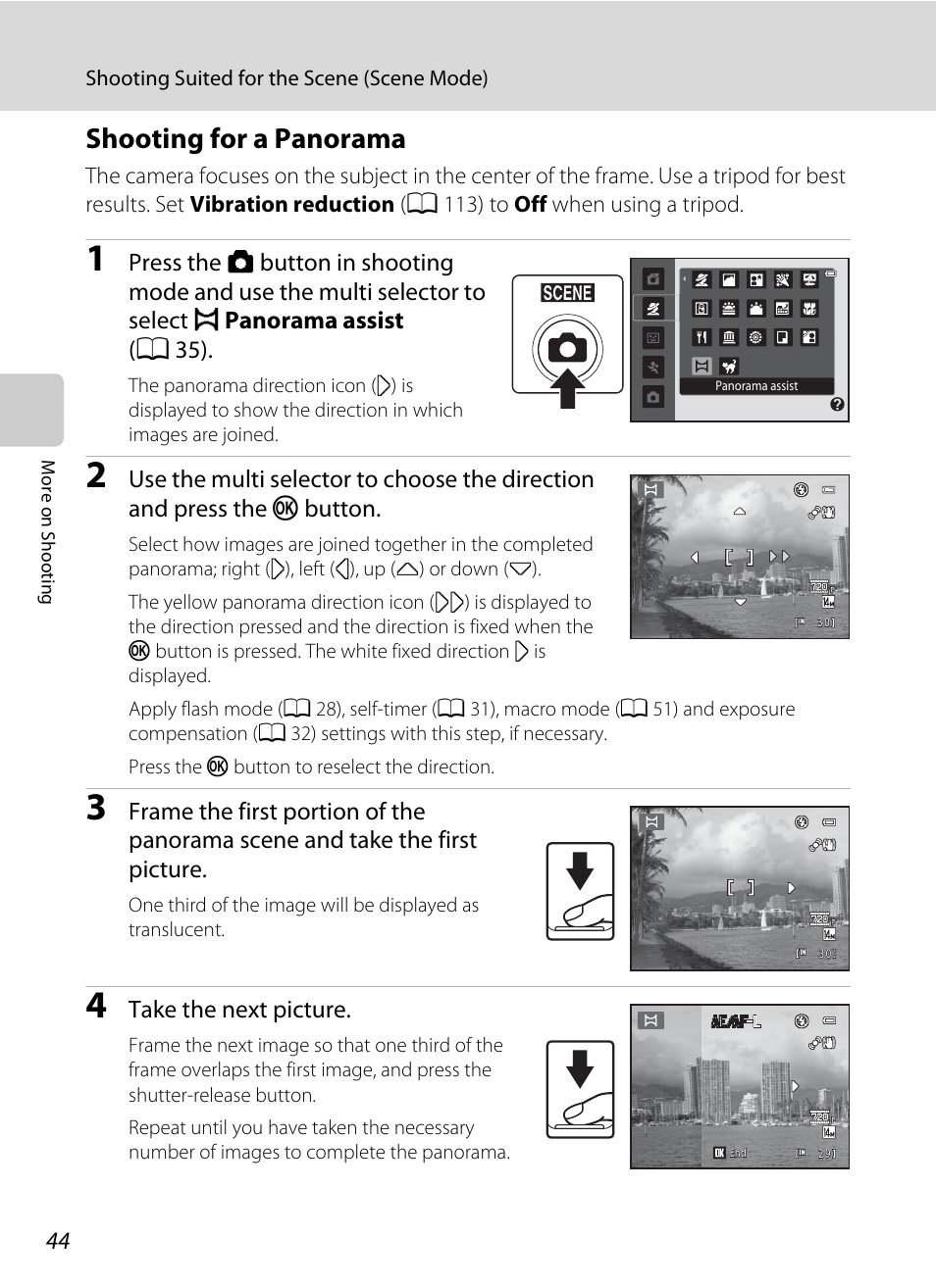 Shooting for a panorama | Nikon Coolpix L120 User Manual | Page 56 / 164