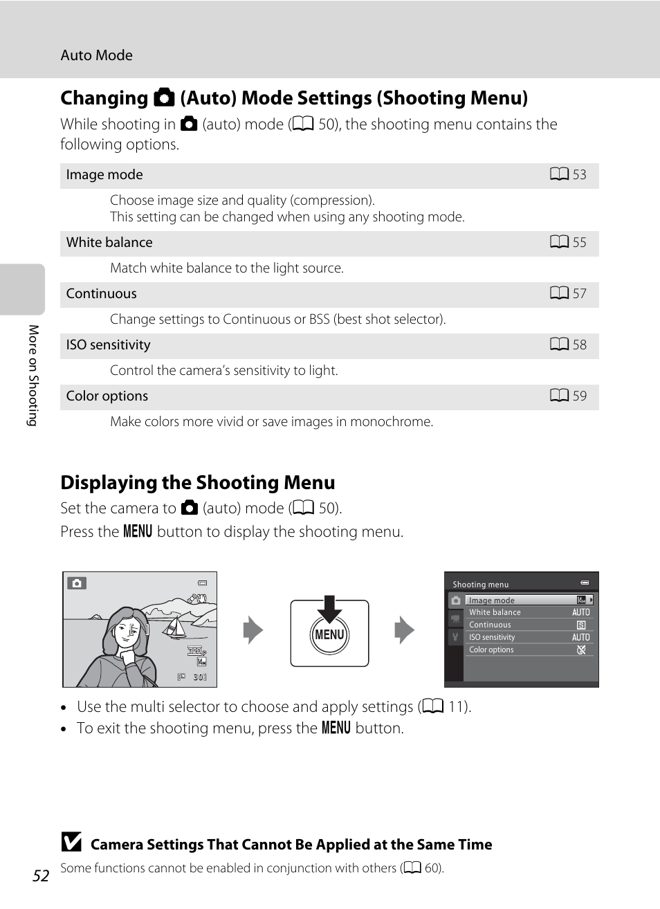 Changing auto mode settings (shooting menu), Displaying the shooting menu, A 52) dependi | A 52), Changing a (auto) mode settings (shooting menu) | Nikon Coolpix L120 User Manual | Page 64 / 164