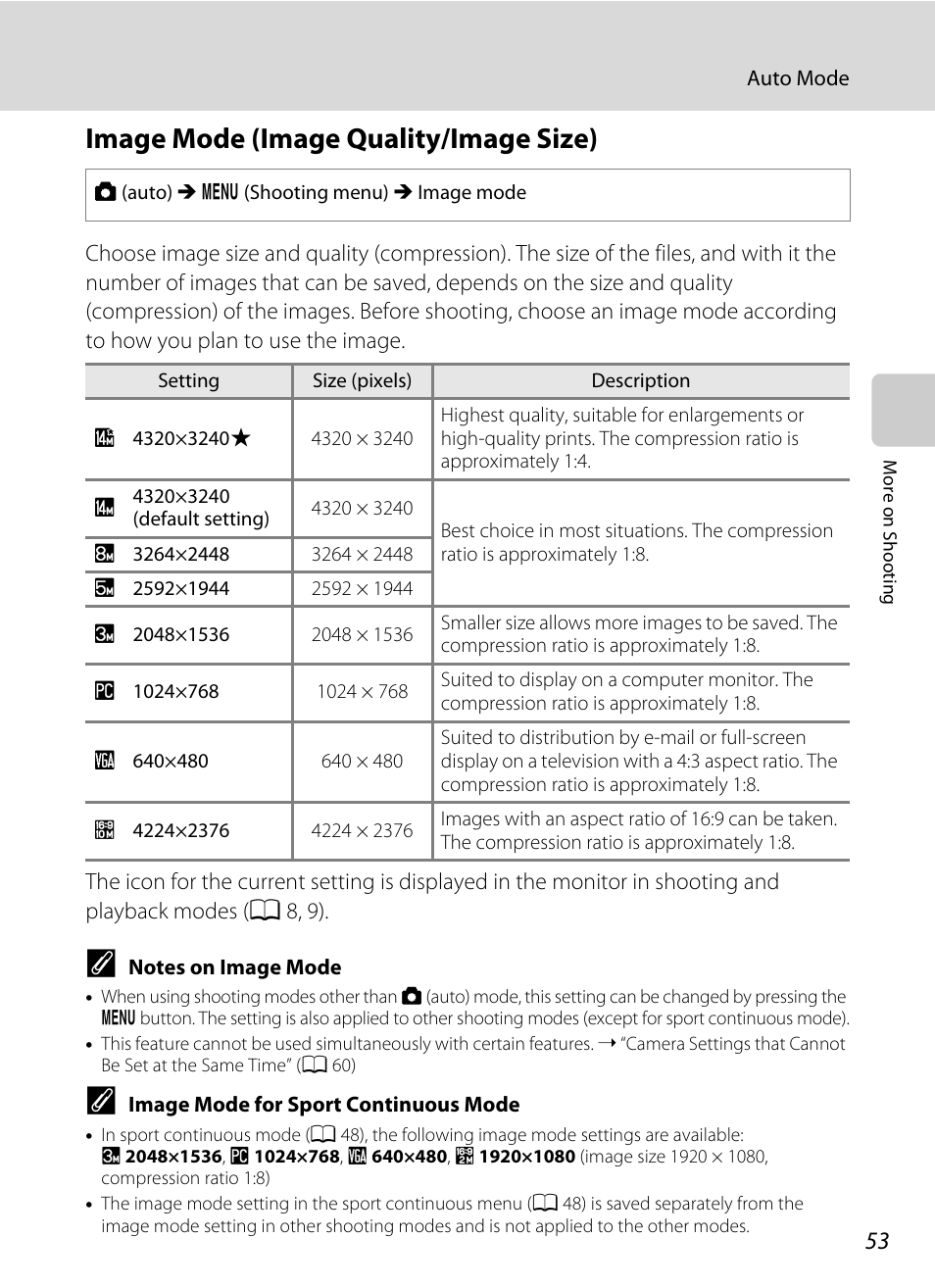 Image mode (image quality/image size), A 53), A 53 | A 53). i | Nikon Coolpix L120 User Manual | Page 65 / 164
