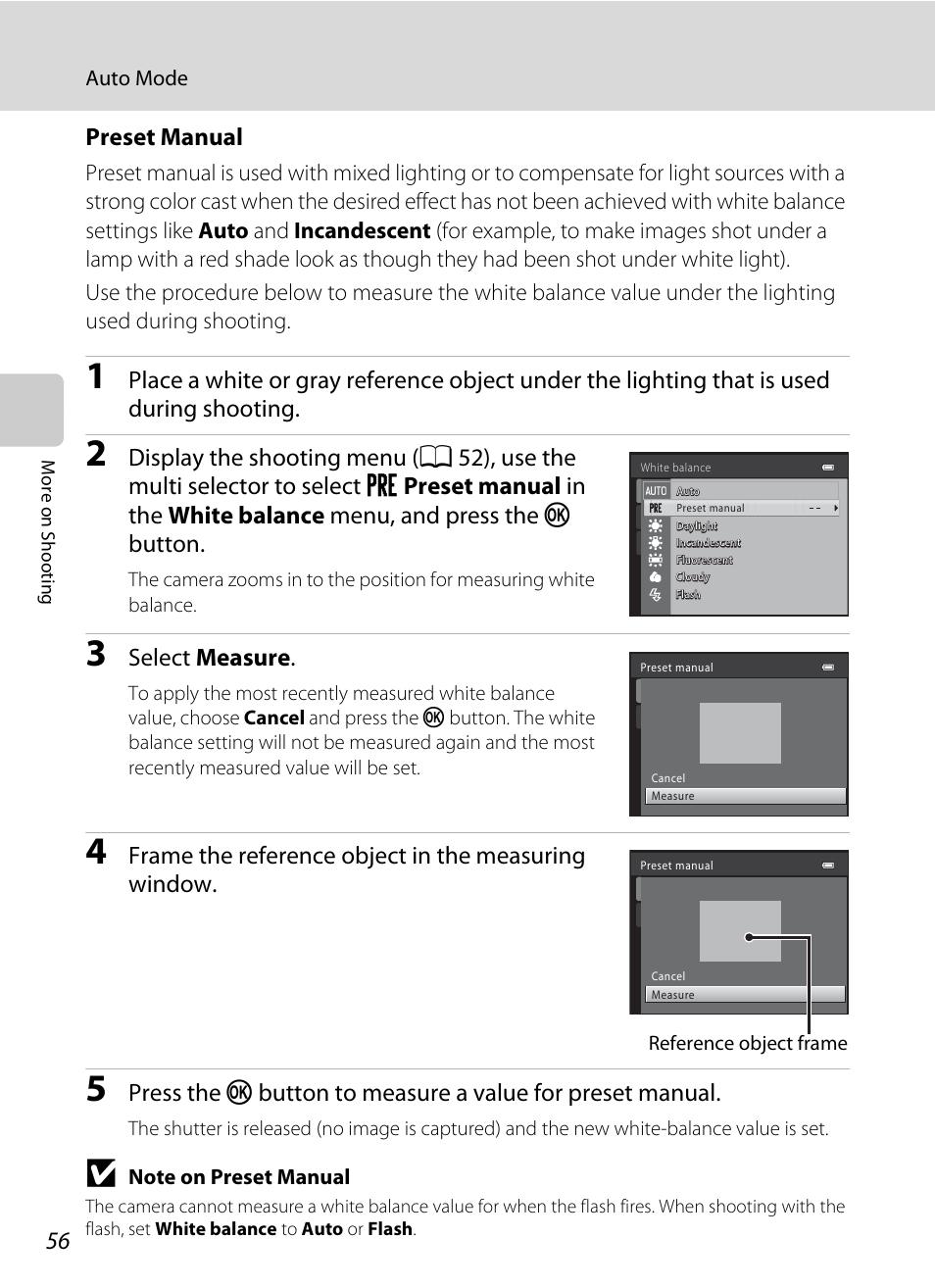 A 56), Preset manual, Select measure | Frame the reference object in the measuring window | Nikon Coolpix L120 User Manual | Page 68 / 164