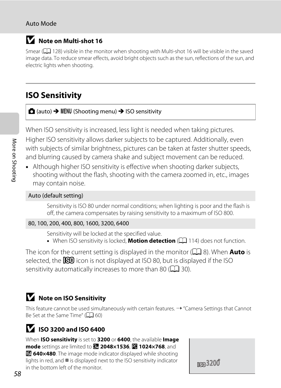Iso sensitivity, A 58 | Nikon Coolpix L120 User Manual | Page 70 / 164