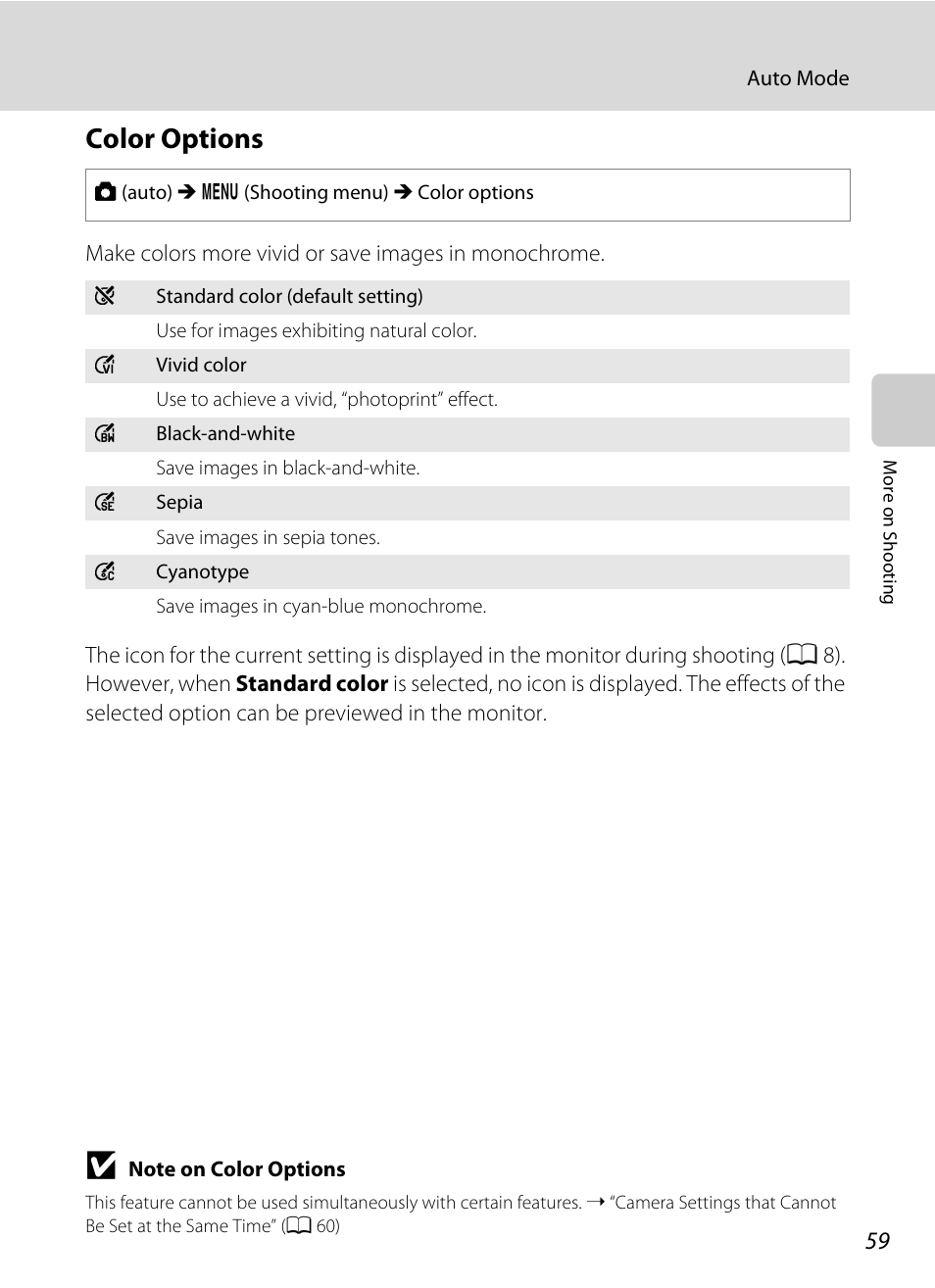 Color options, A 59 | Nikon Coolpix L120 User Manual | Page 71 / 164