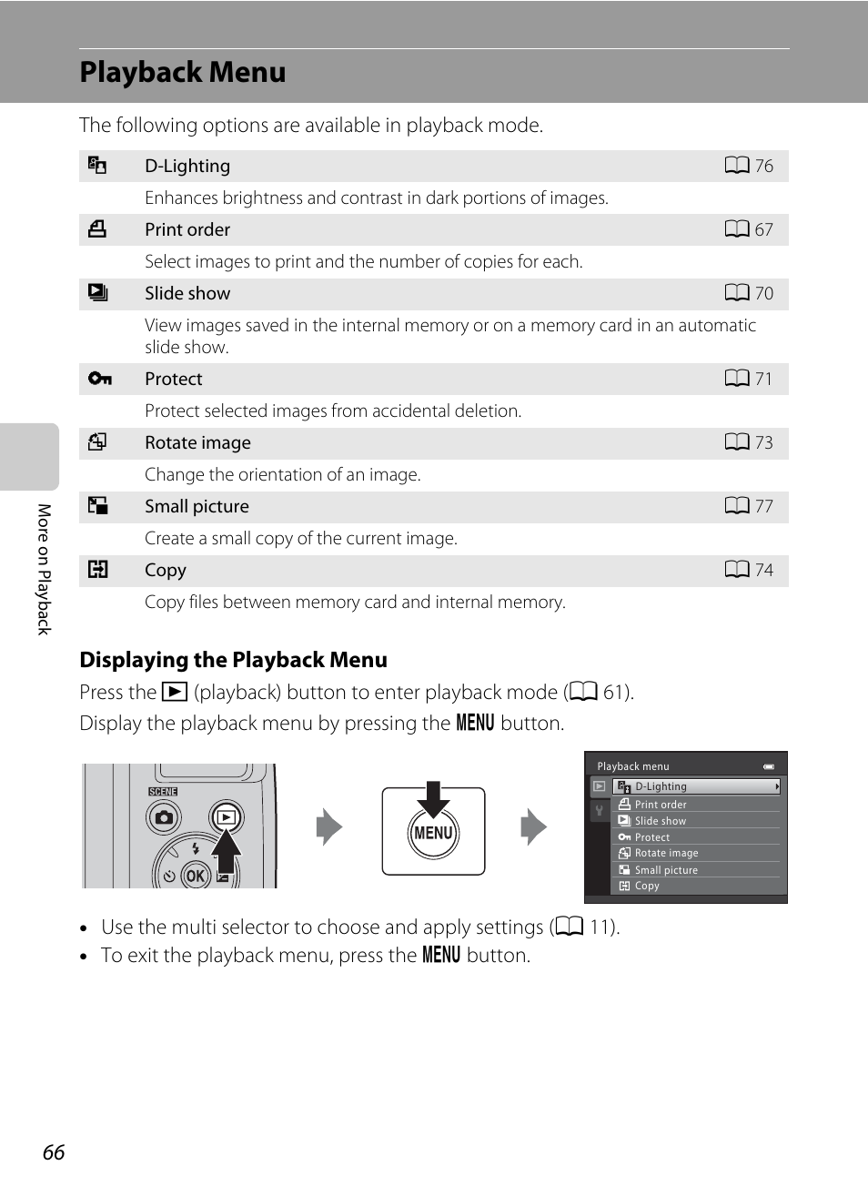 Playback menu, A 66), Displaying the playback menu | Nikon Coolpix L120 User Manual | Page 78 / 164