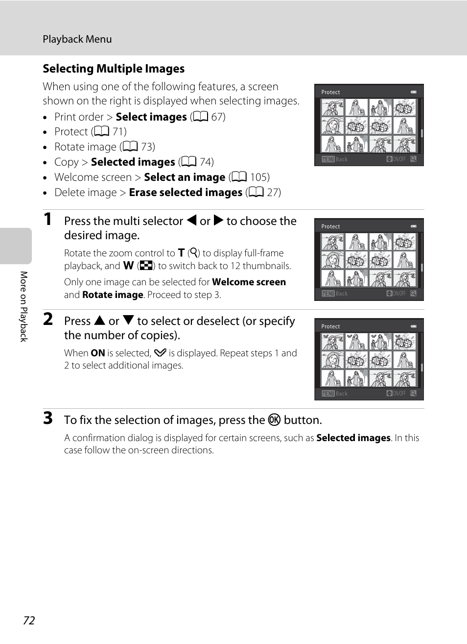 Selecting multiple images, A 72 | Nikon Coolpix L120 User Manual | Page 84 / 164