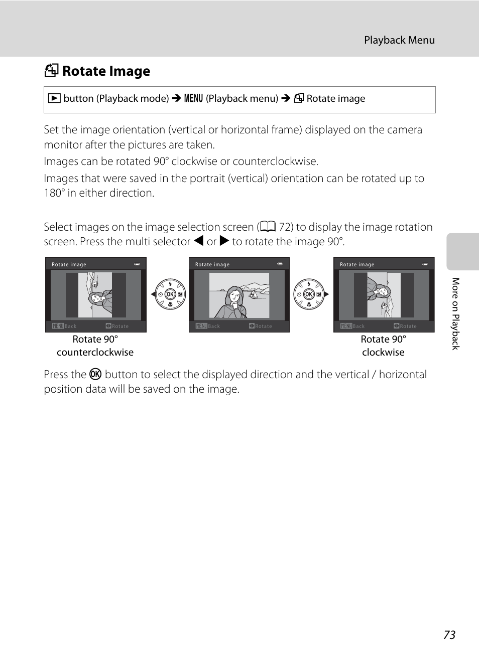 Rotate image, F rotate image, A 73) | A 73 | Nikon Coolpix L120 User Manual | Page 85 / 164