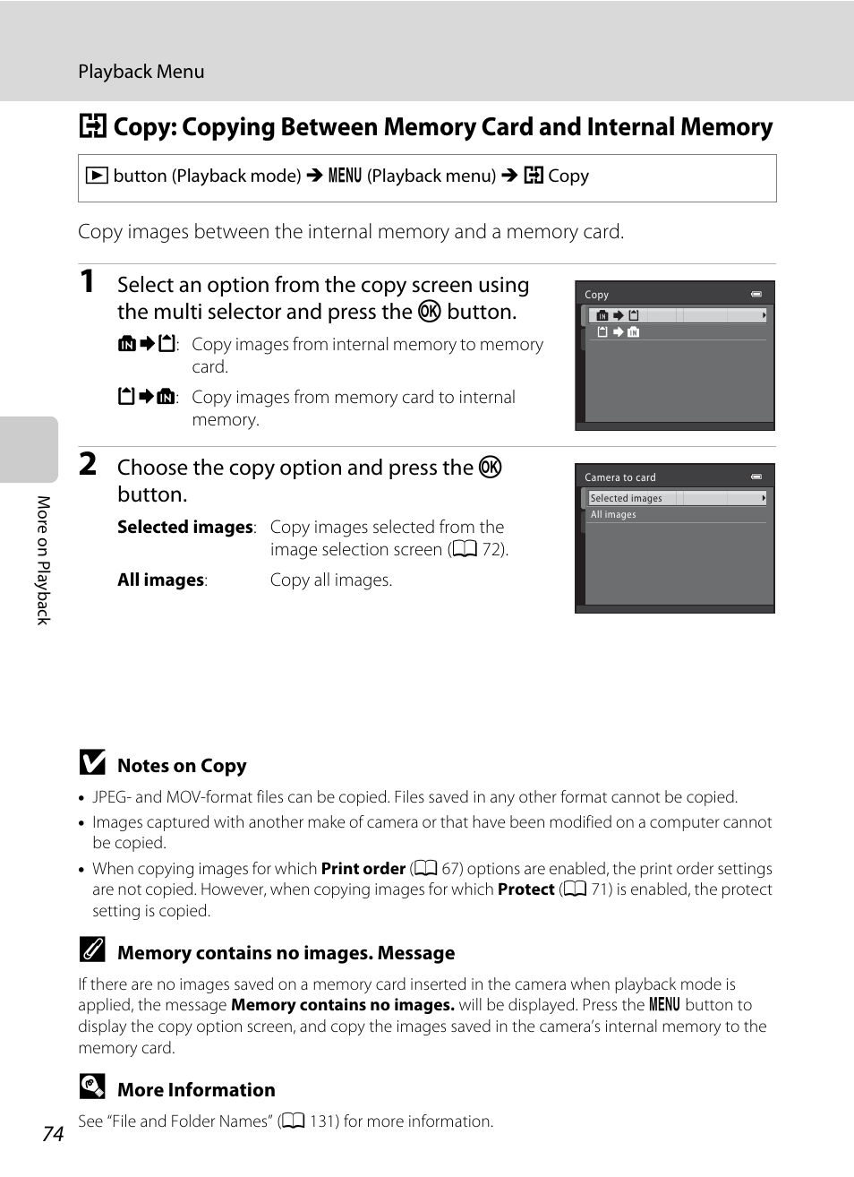 A 74, A 74), Choose the copy option and press the k button | Nikon Coolpix L120 User Manual | Page 86 / 164