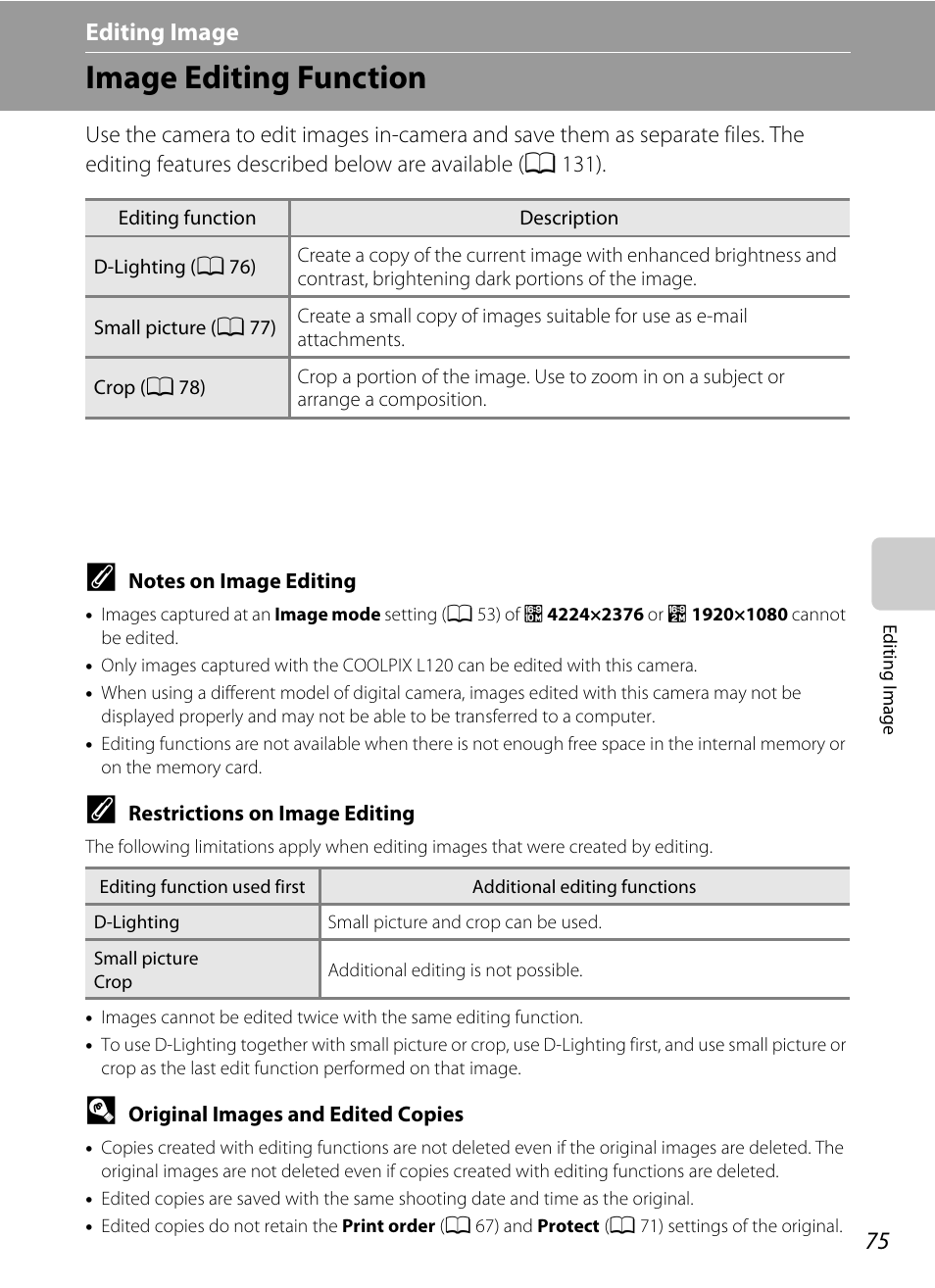 Editing image, Image editing function, A 75) | Nikon Coolpix L120 User Manual | Page 87 / 164