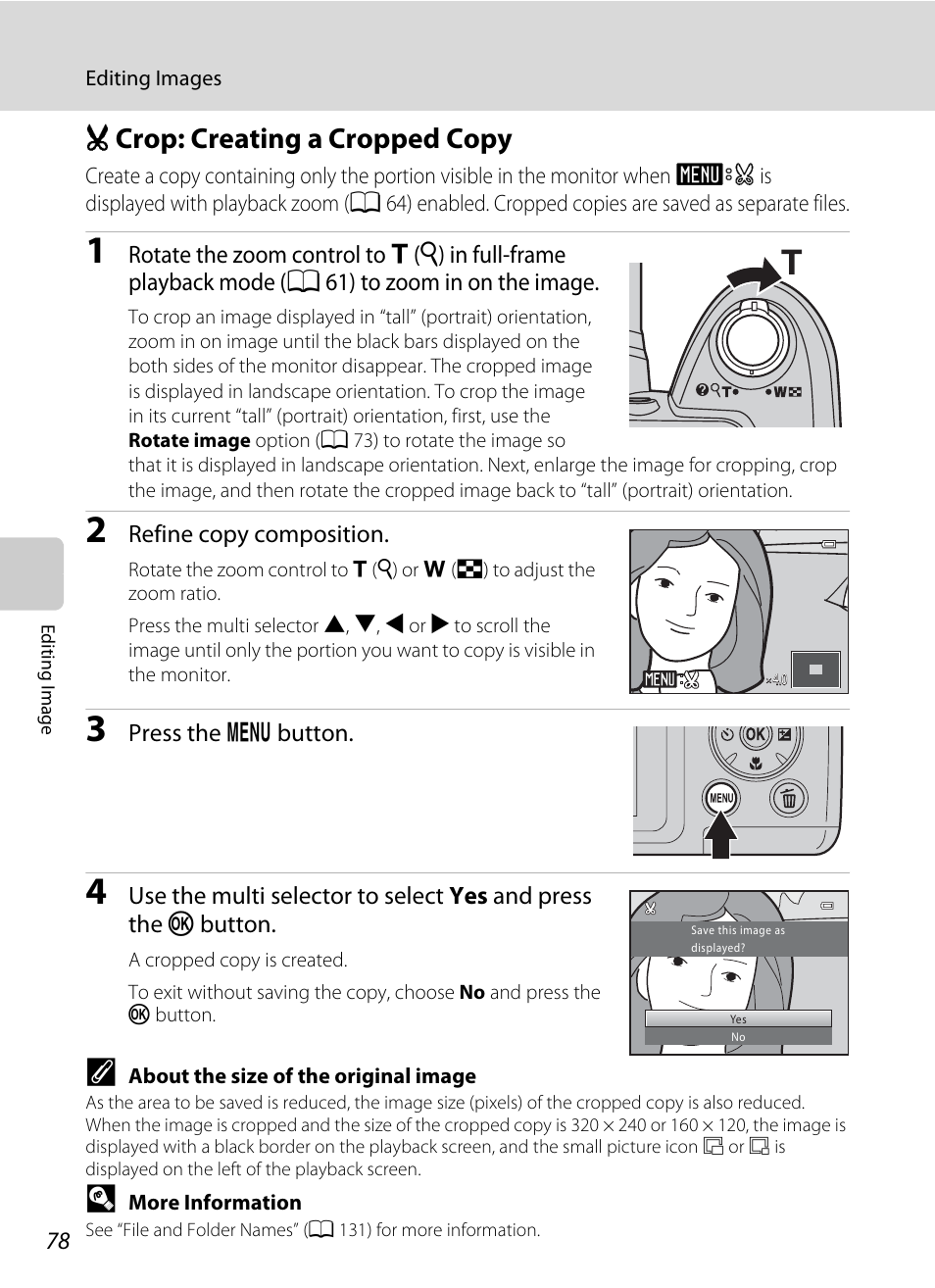 Crop: creating a cropped copy, O crop: creating a cropped copy, A 78) | Nikon Coolpix L120 User Manual | Page 90 / 164