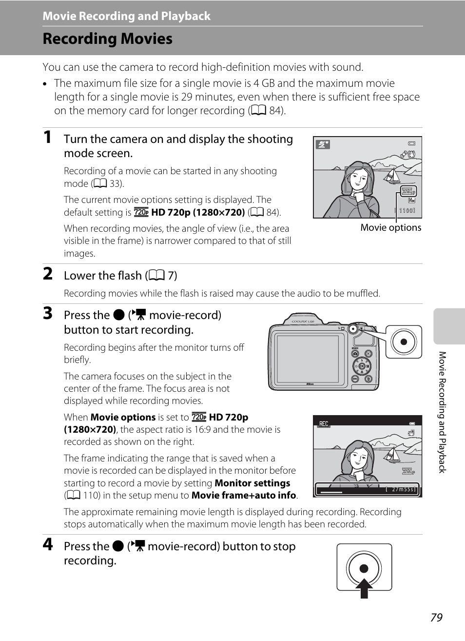 Movie recording and playback, Recording movies | Nikon Coolpix L120 User Manual | Page 91 / 164