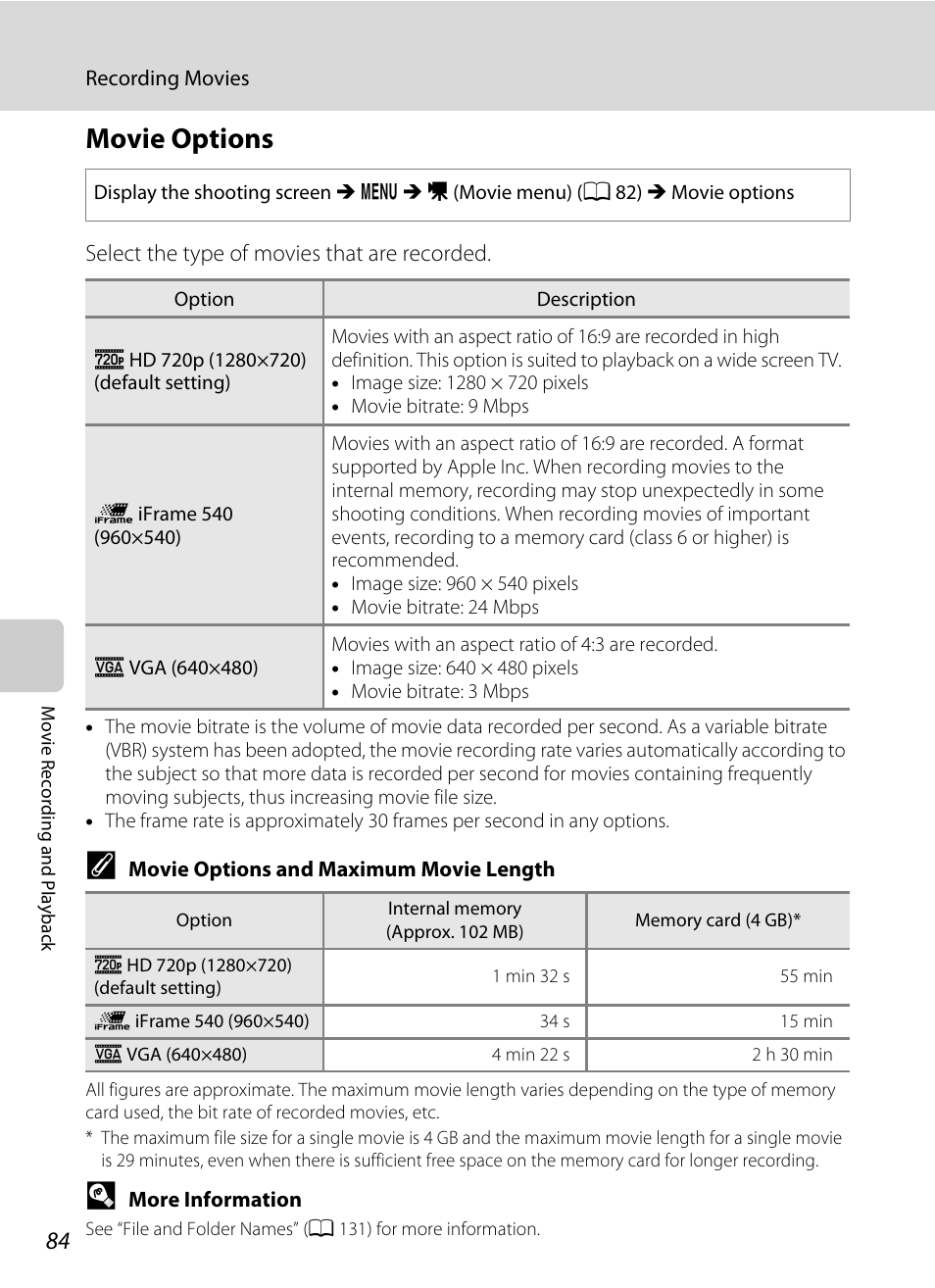 Movie options, A 84, A 84) | Nikon Coolpix L120 User Manual | Page 96 / 164