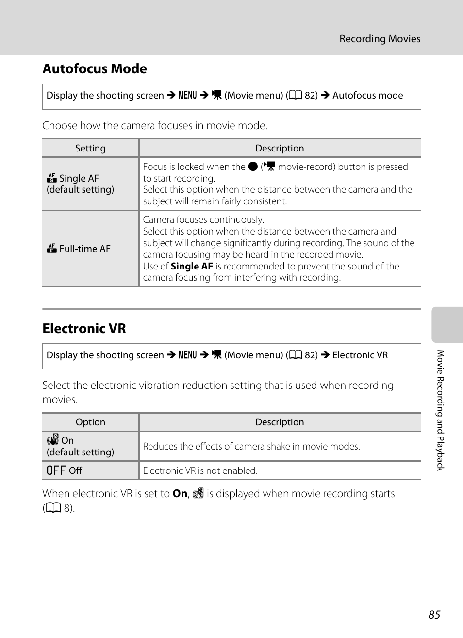 Autofocus mode, Electronic vr, Autofocus mode electronic vr | A 85), A 85 | Nikon Coolpix L120 User Manual | Page 97 / 164