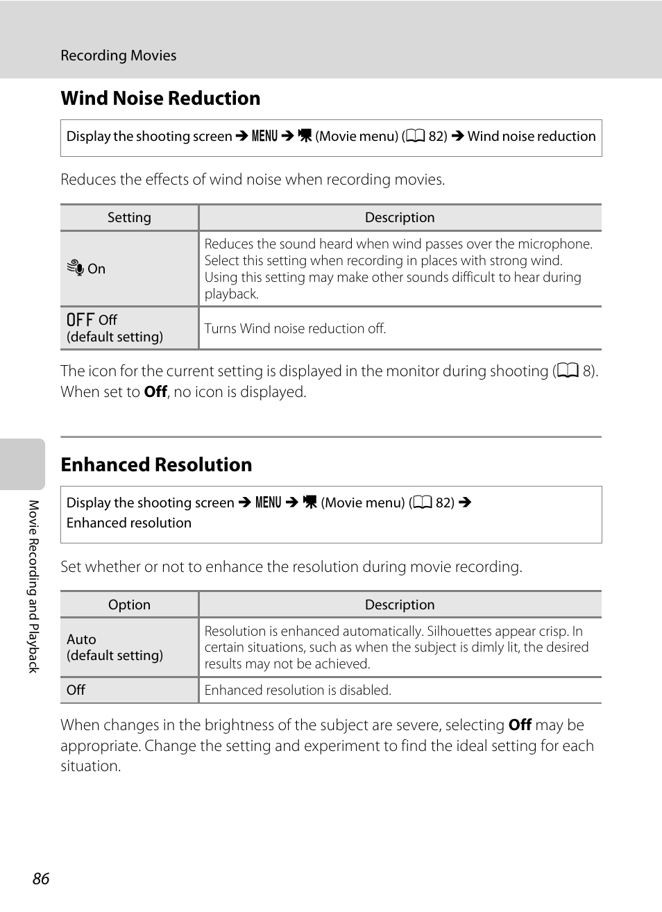 Wind noise reduction, Enhanced resolution, Wind noise reduction enhanced resolution | A 86 | Nikon Coolpix L120 User Manual | Page 98 / 164