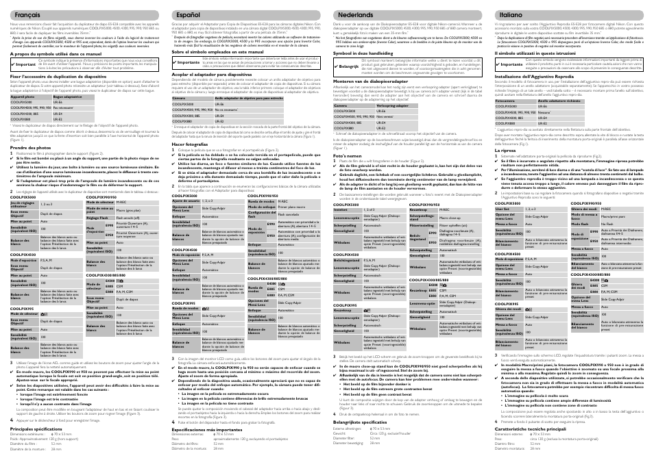 Français, Español, Italiano | Nederlands | Nikon ES-E28 User Manual | Page 2 / 2