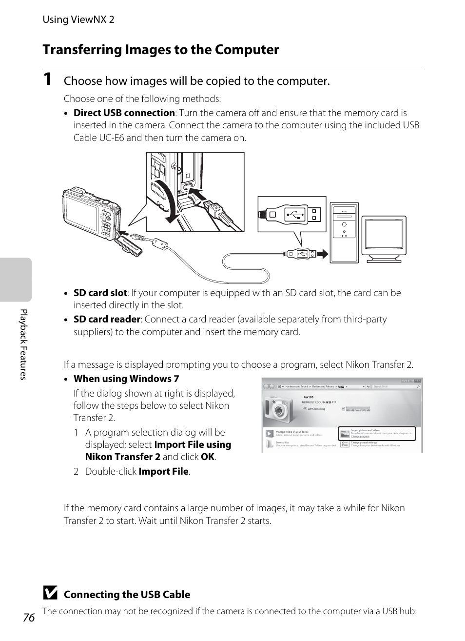 Transferring images to the computer, A76 for more | Nikon AW100 User Manual | Page 100 / 242