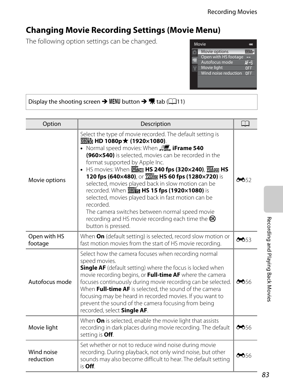 Changing movie recording settings (movie menu), A83) to, A83) | A83) i | Nikon AW100 User Manual | Page 107 / 242