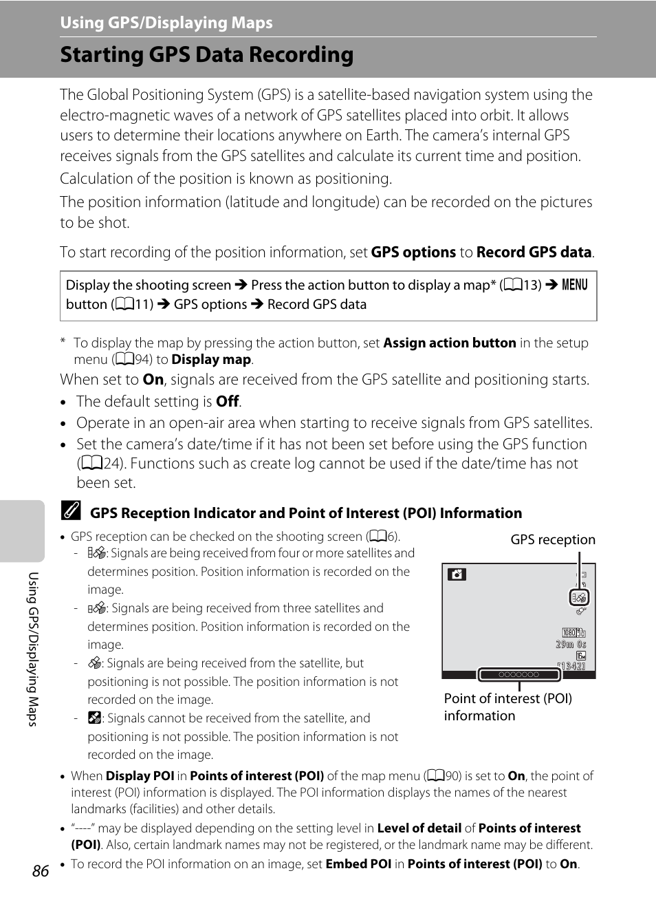 Starting gps data recording, Map menu, A86) is set t | A86) is set, Using gps/displaying maps | Nikon AW100 User Manual | Page 110 / 242