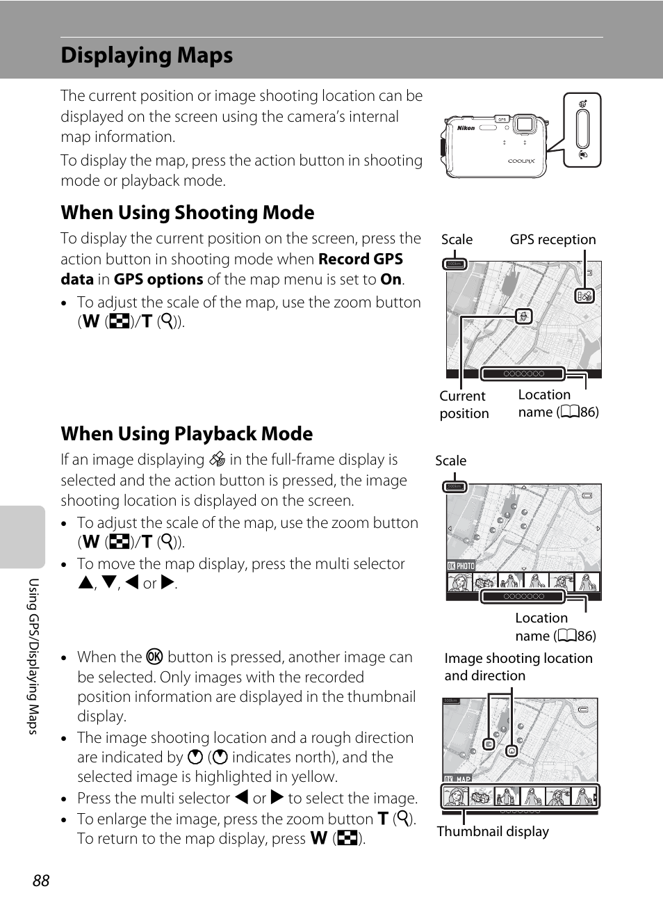 Displaying maps, When using shooting mode, When using playback mode | When using shooting mode when using playback mode | Nikon AW100 User Manual | Page 112 / 242