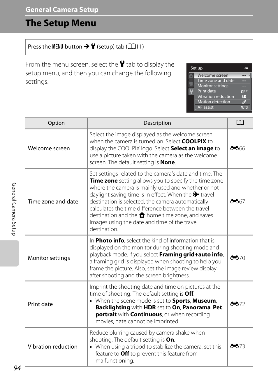 The setup menu, A94) c, A94) | A94) i, A94) to, A94) is se, General camera setup | Nikon AW100 User Manual | Page 118 / 242