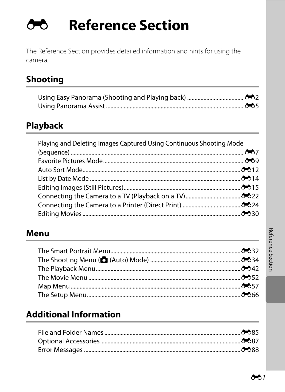 Reference section, Shooting, Playback | Menu, Additional information | Nikon AW100 User Manual | Page 121 / 242
