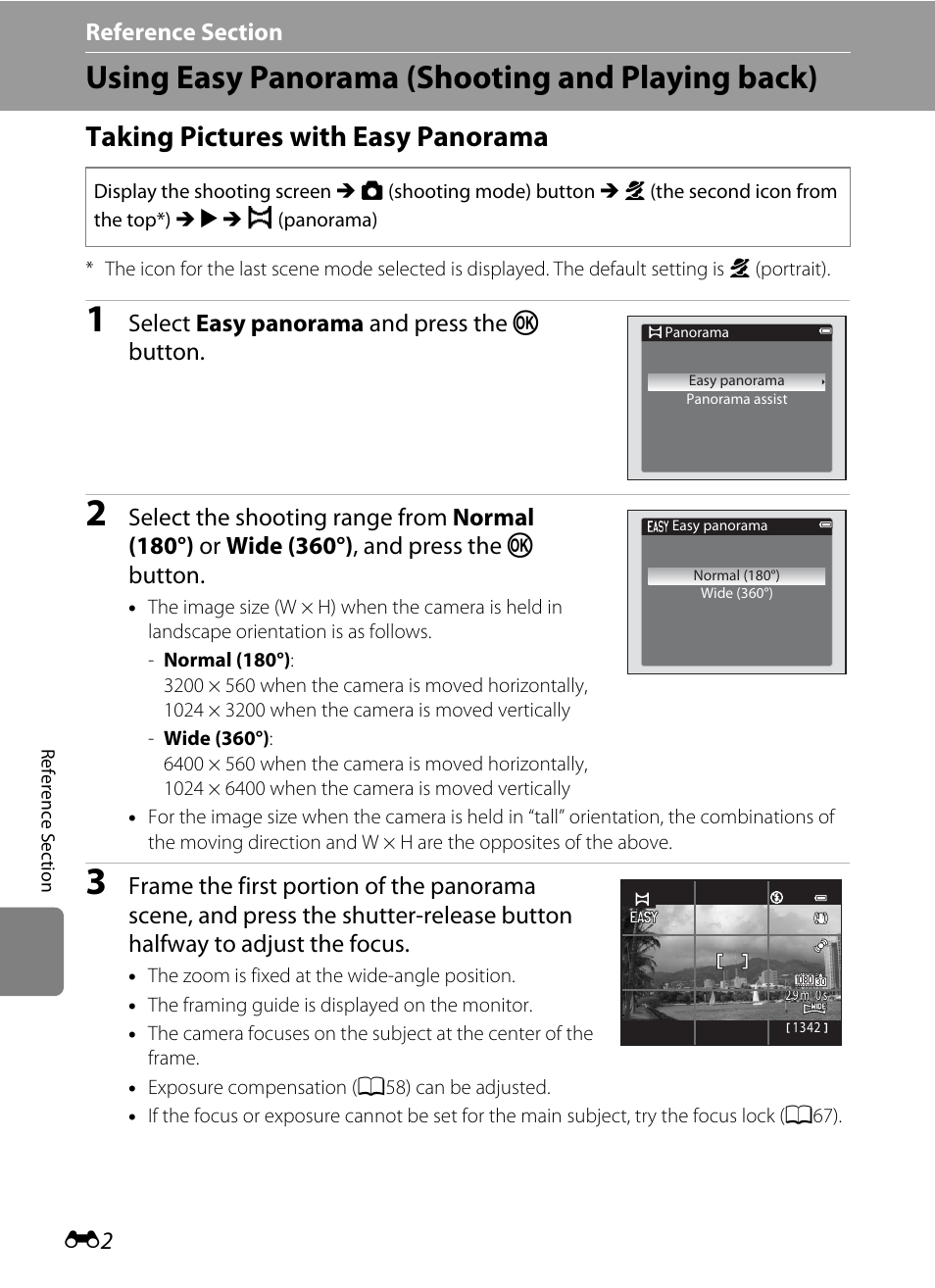 Using easy panorama (shooting and playing back), Taking pictures with easy panorama | Nikon AW100 User Manual | Page 122 / 242