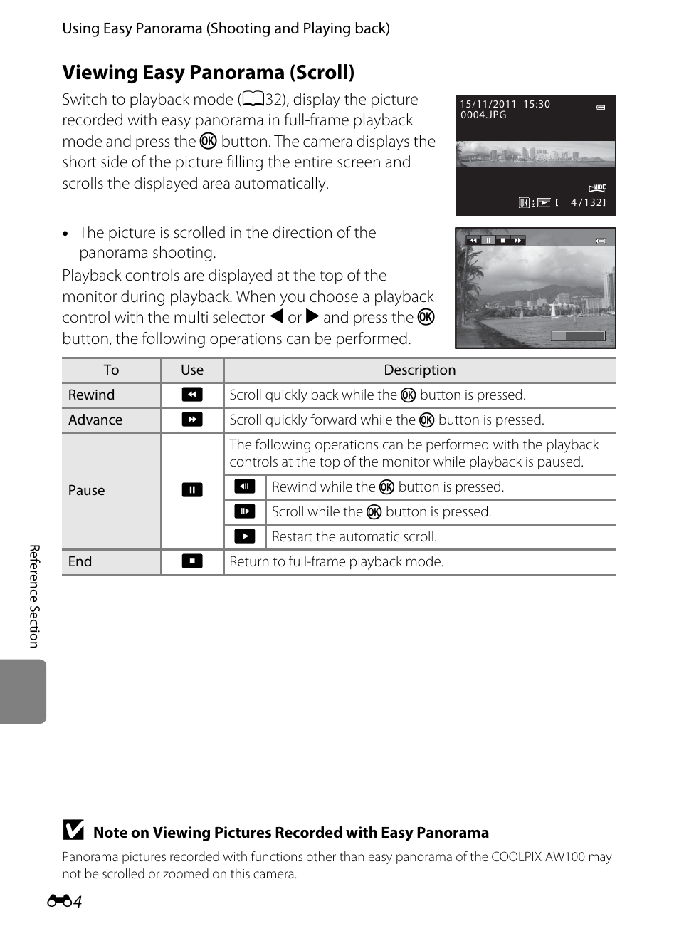 Viewing easy panorama (scroll) | Nikon AW100 User Manual | Page 124 / 242