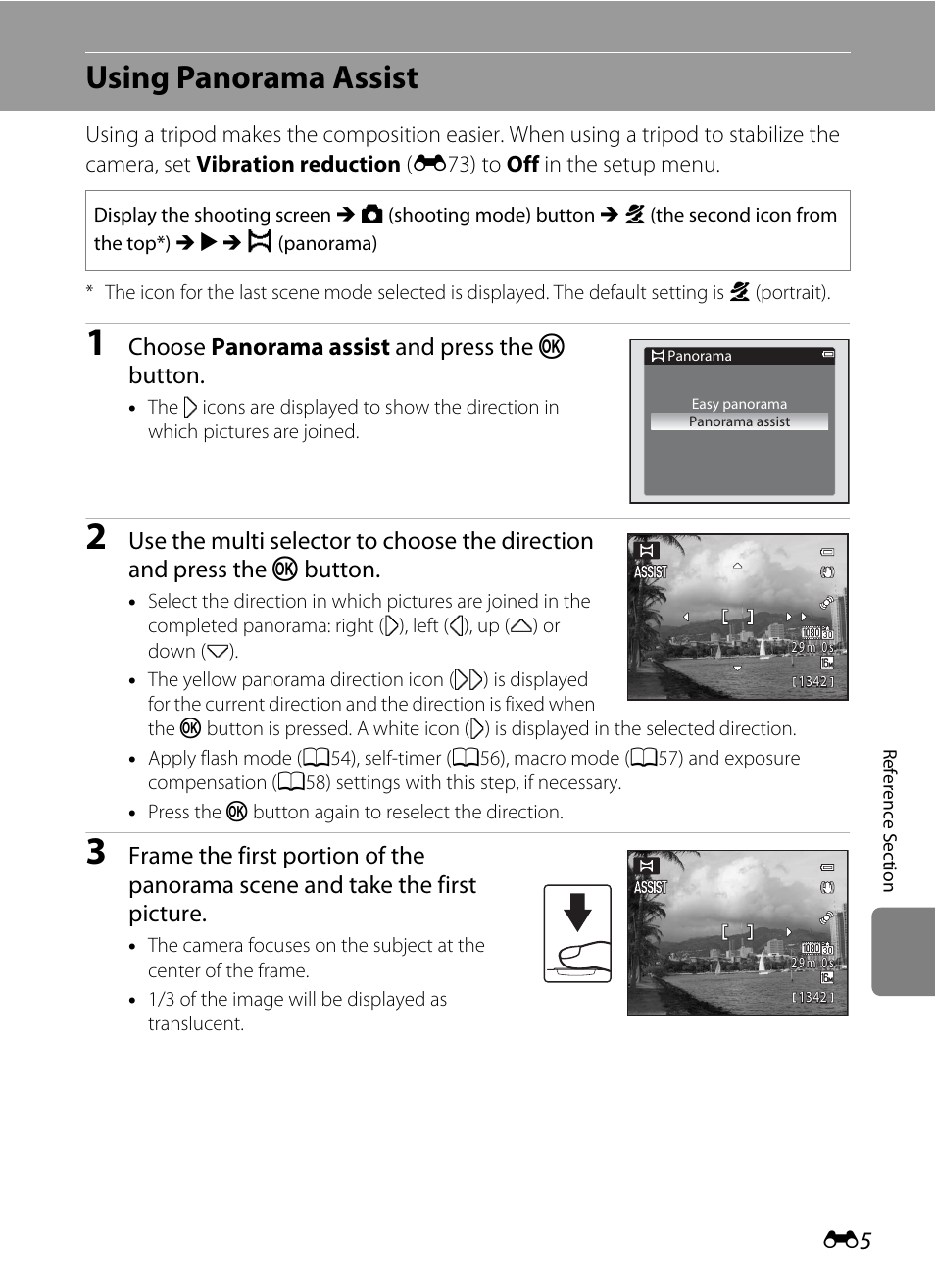 Using panorama assist, Choose panorama assist and press the k button | Nikon AW100 User Manual | Page 125 / 242