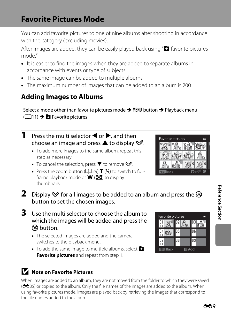 Favorite pictures mode, Adding images to albums, E “favorite pictures mode | E9) f, 72, e9) | Nikon AW100 User Manual | Page 129 / 242