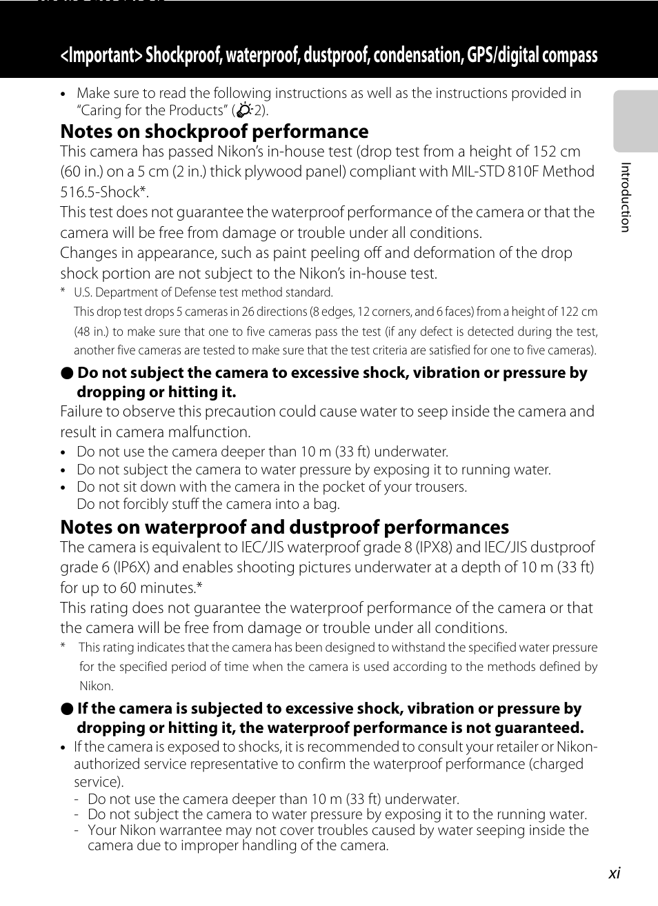 Notes on shockproof performance, Notes on waterproof and dustproof performances, Axi) | Introduction | Nikon AW100 User Manual | Page 13 / 242