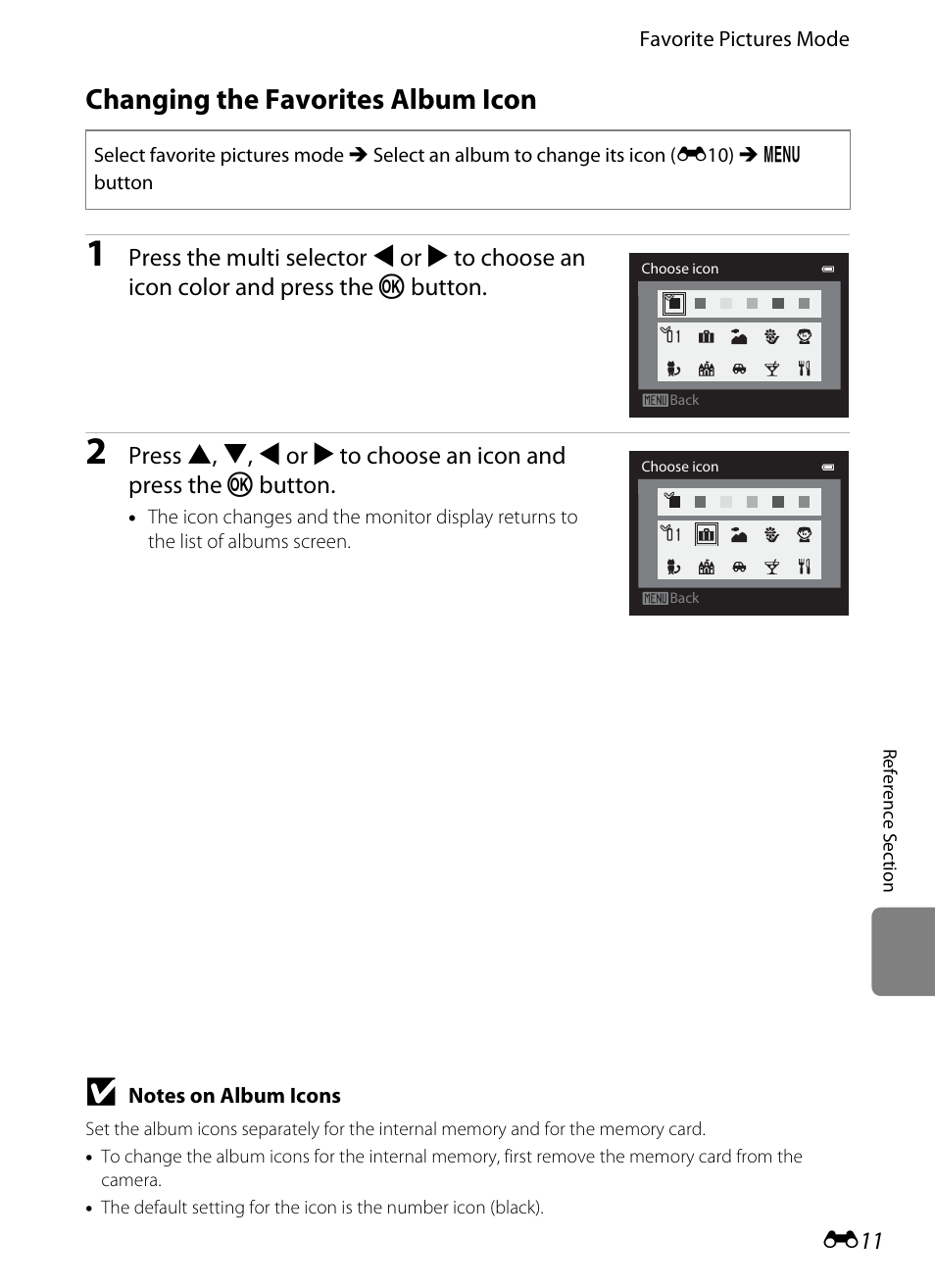Changing the favorites album icon, E11) | Nikon AW100 User Manual | Page 131 / 242