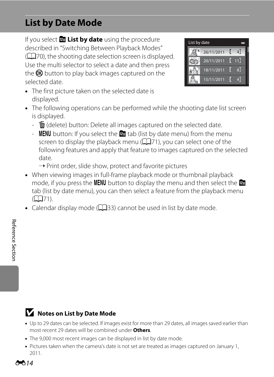 List by date mode, See “list by date mode, E14) | E14) to, E 14 | Nikon AW100 User Manual | Page 134 / 242