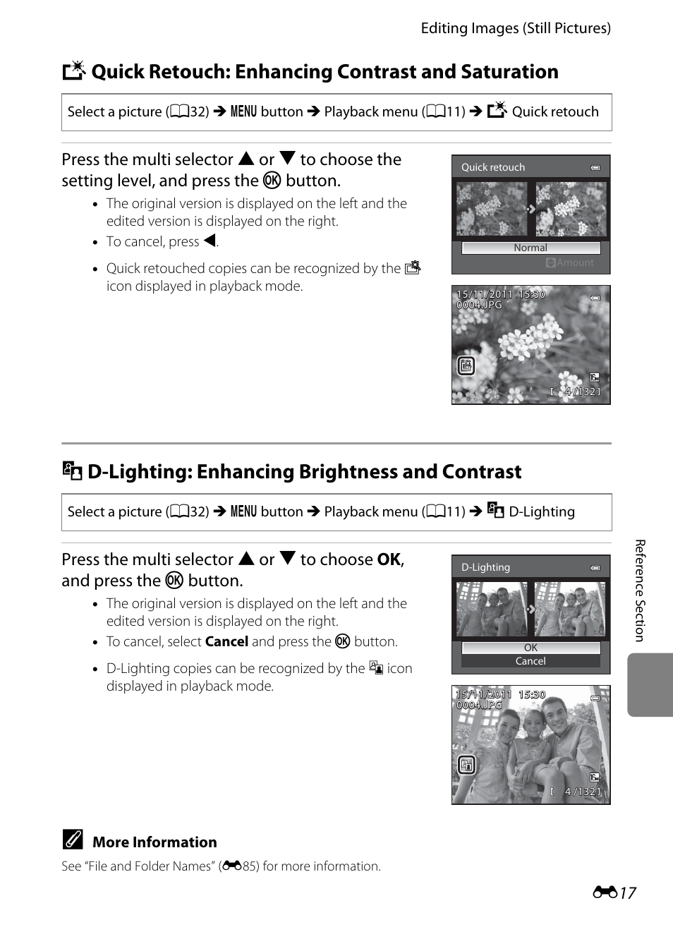 Quick retouch: enhancing contrast and saturation, D-lighting: enhancing brightness and contrast, K quick retouch: enhancing contrast and saturation | I d-lighting: enhancing brightness and contrast, E17), Lighting, E 17 | Nikon AW100 User Manual | Page 137 / 242