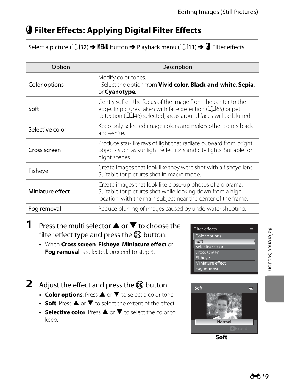 Filter effects: applying digital filter effects, P filter effects: applying digital filter effects, E19) | E 19, Adjust the effect and press the k button | Nikon AW100 User Manual | Page 139 / 242