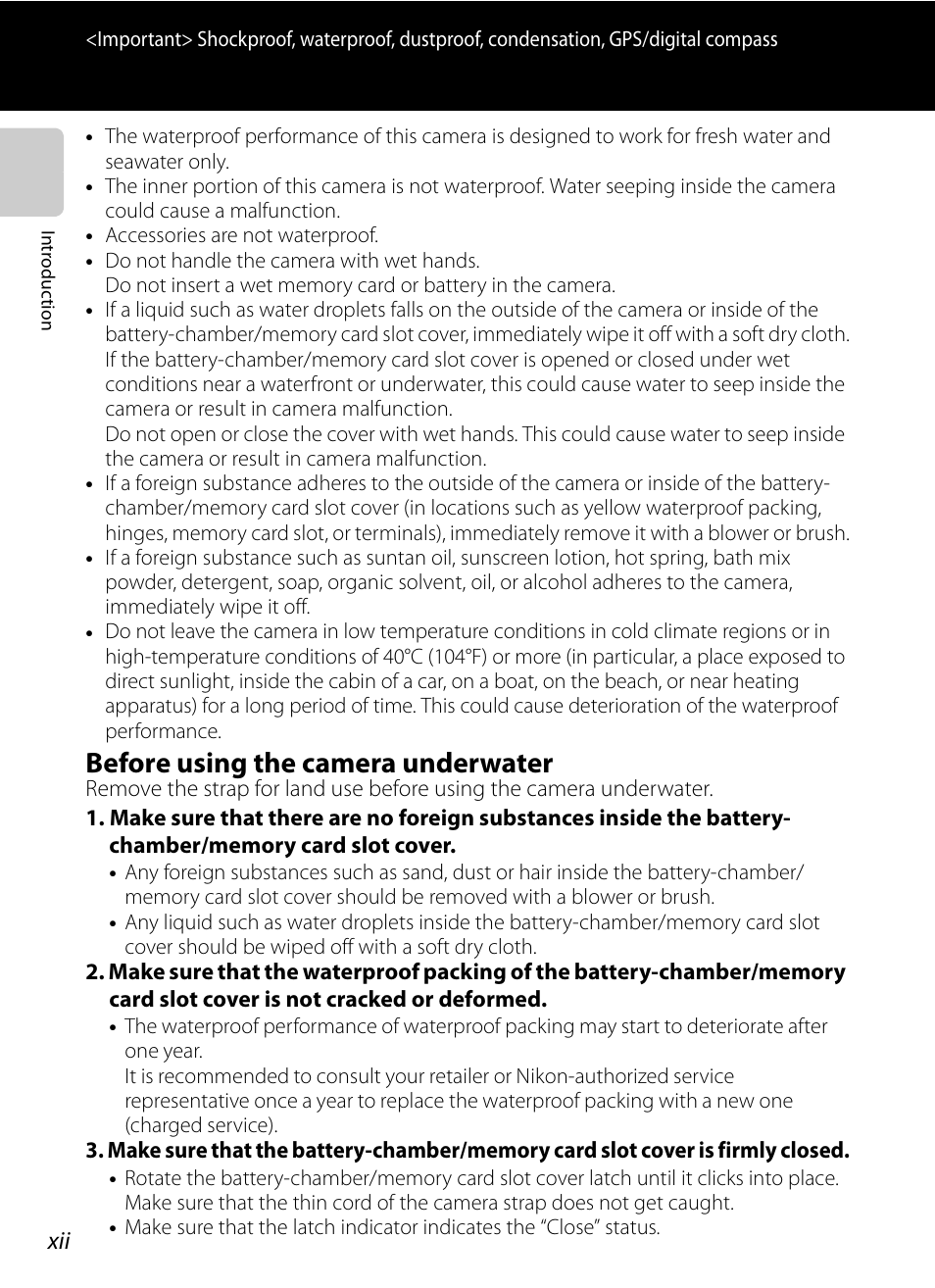 Before using the camera underwater | Nikon AW100 User Manual | Page 14 / 242