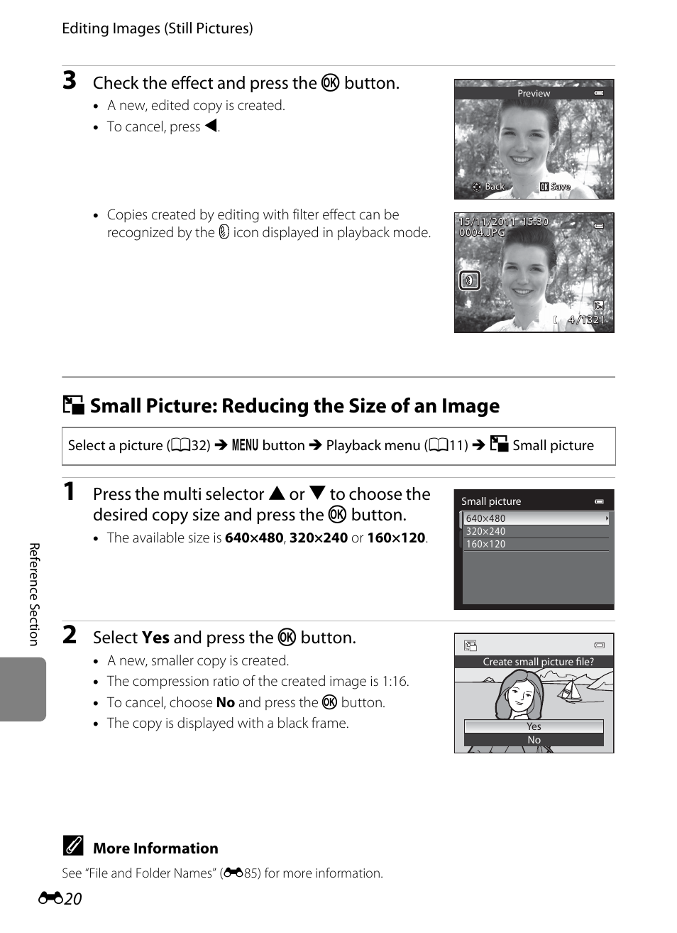 Small picture: reducing the size of an image, G small picture: reducing the size of an image, E 20 | Check the effect and press the k button, Select yes and press the k button | Nikon AW100 User Manual | Page 140 / 242