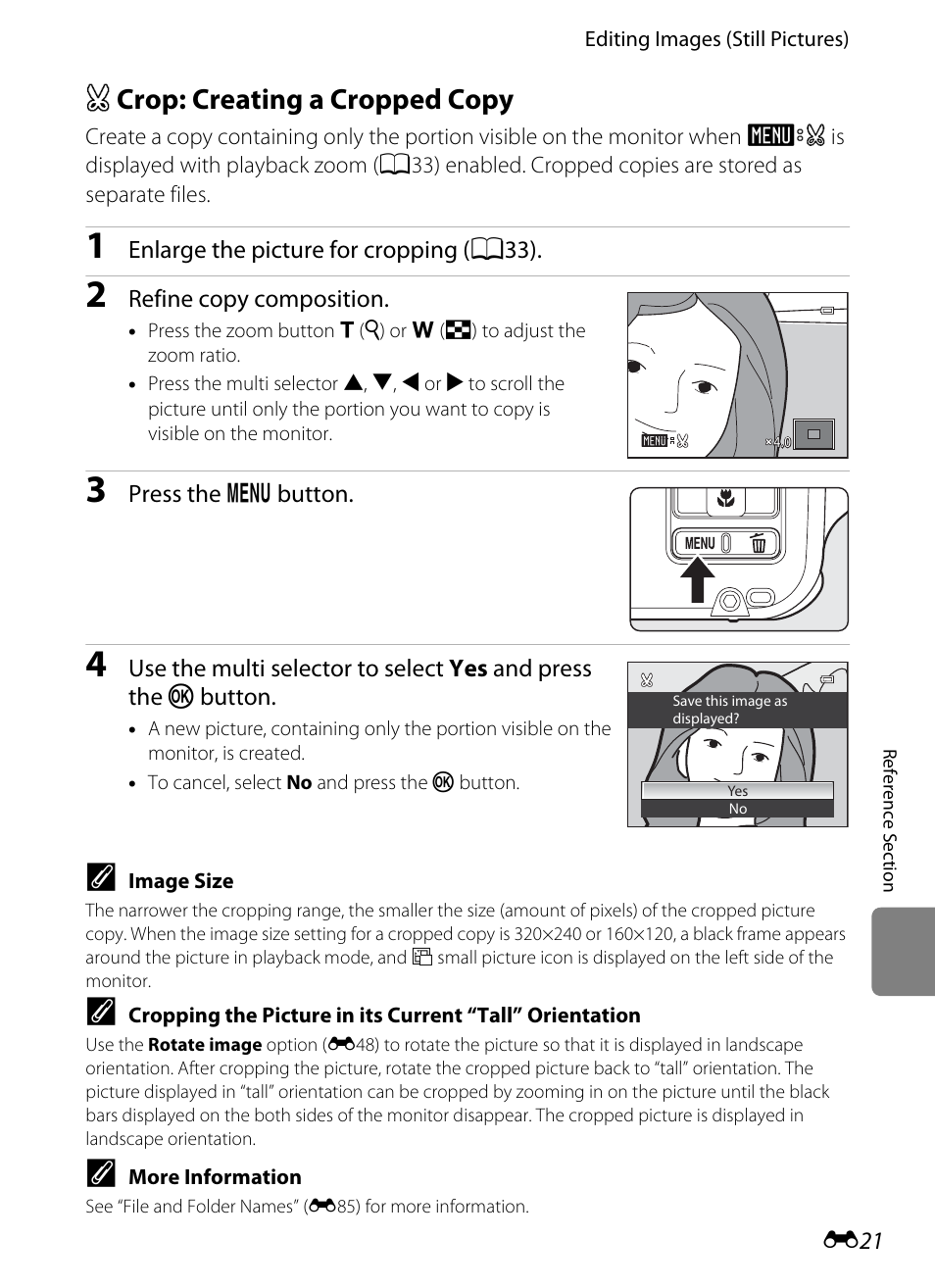 Crop: creating a cropped copy, A crop: creating a cropped copy, Button (e21) | E21) | Nikon AW100 User Manual | Page 141 / 242