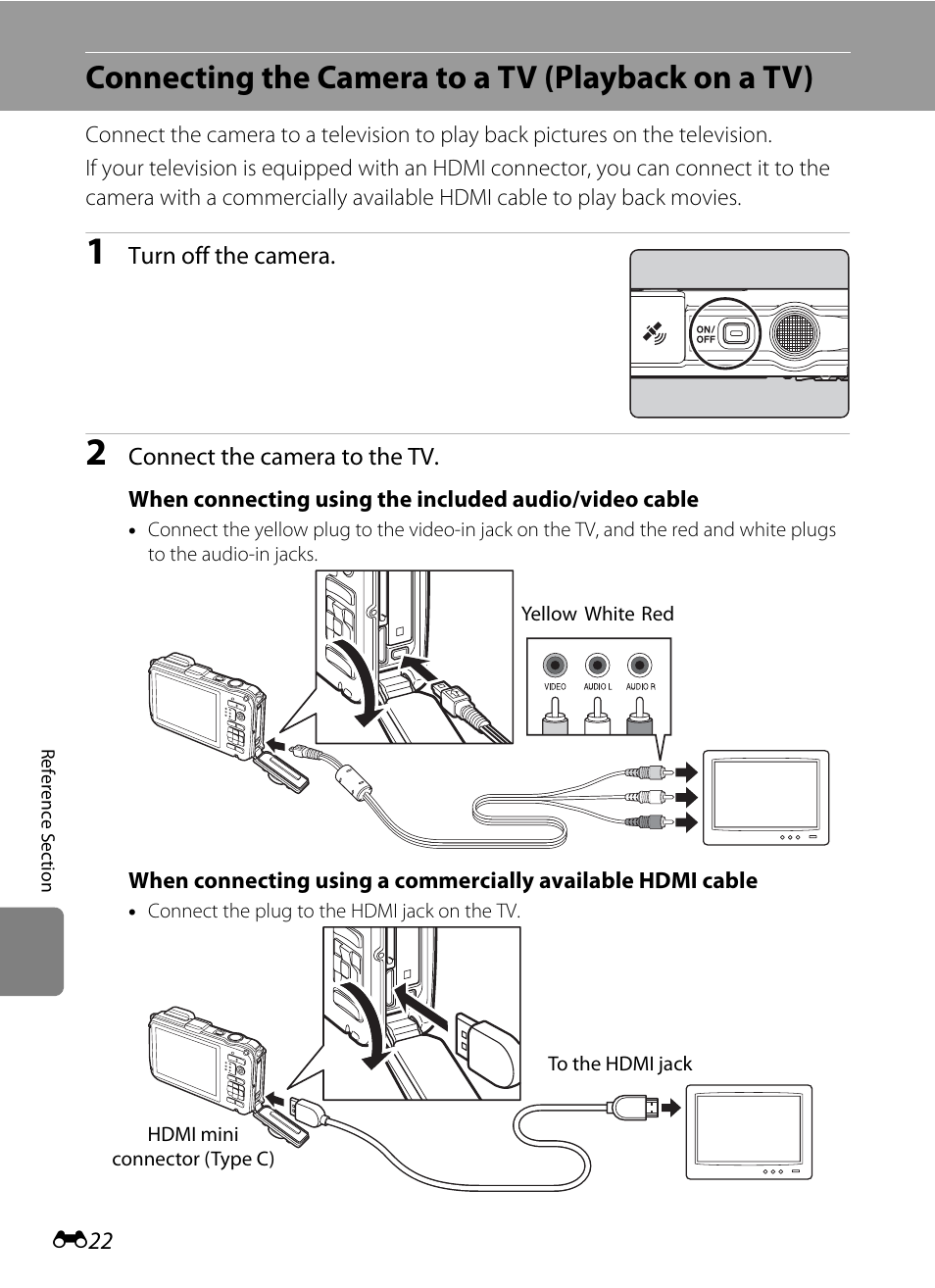 Connecting the camera to a tv (playback on a tv) | Nikon AW100 User Manual | Page 142 / 242
