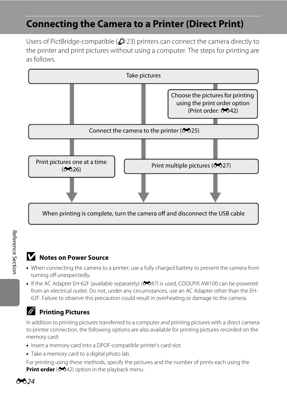 Connecting the camera to a printer (direct print), E 24 | Nikon AW100 User Manual | Page 144 / 242