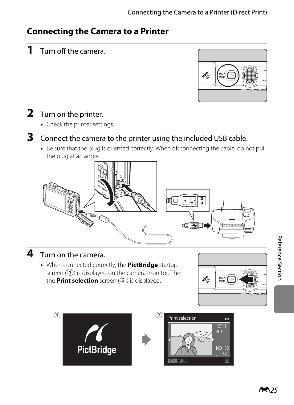 Connecting the camera to a printer, E25) | Nikon AW100 User Manual | Page 145 / 242