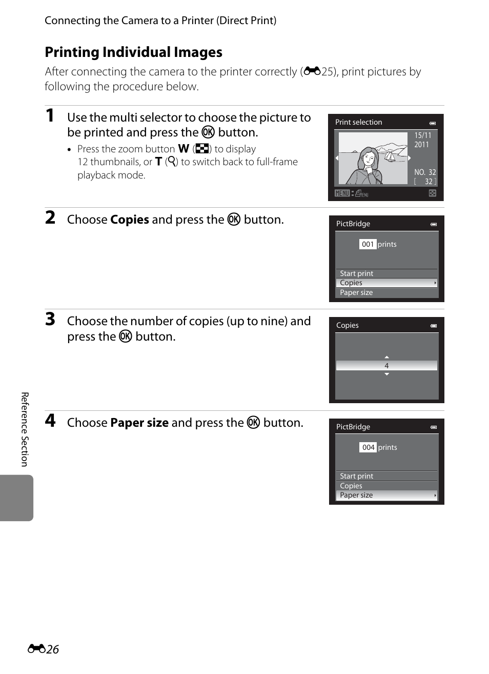 Printing individual images, E26), E 26 | Choose copies and press the k button, Choose paper size and press the k button | Nikon AW100 User Manual | Page 146 / 242