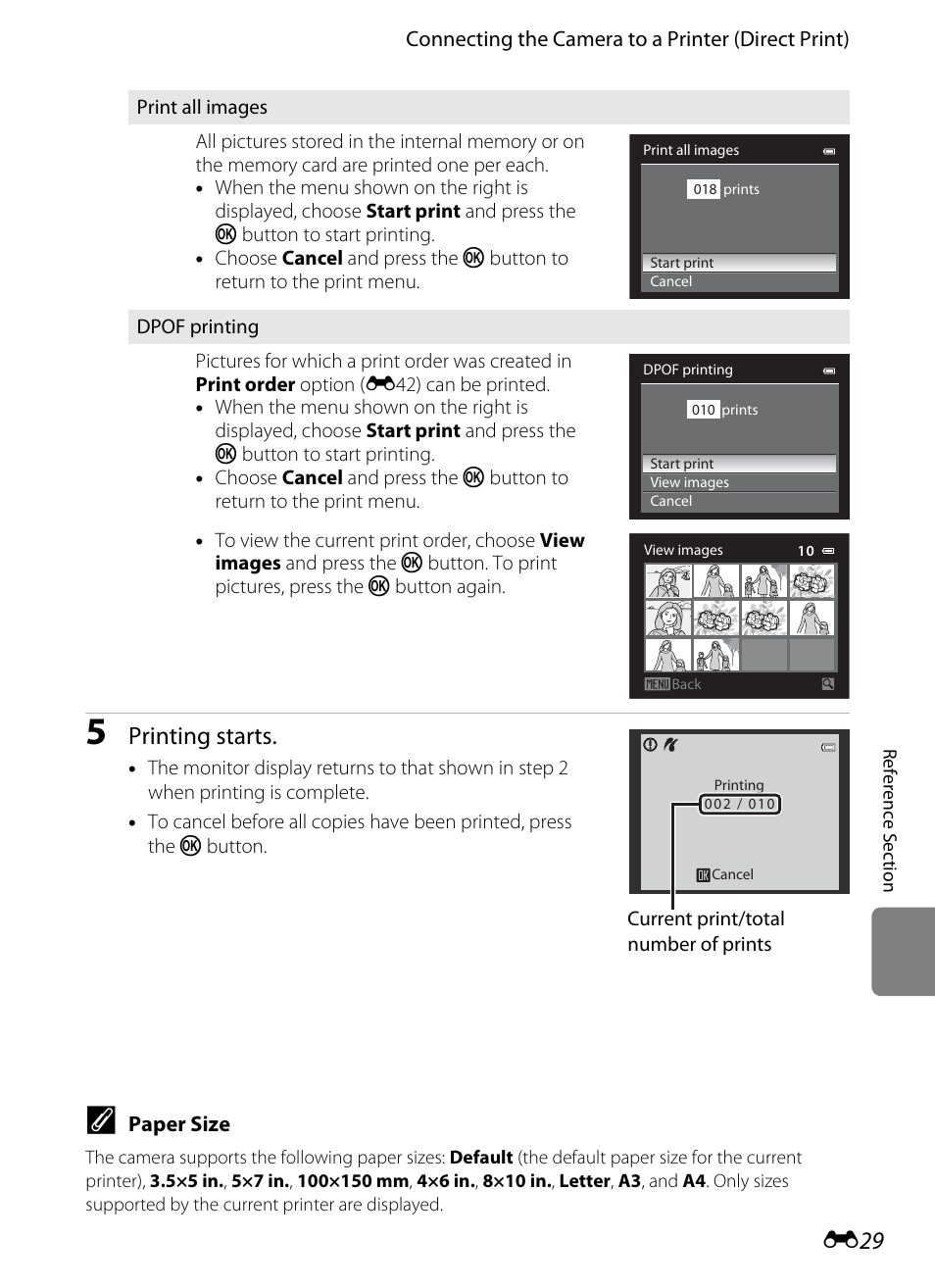 E 29, Printing starts | Nikon AW100 User Manual | Page 149 / 242
