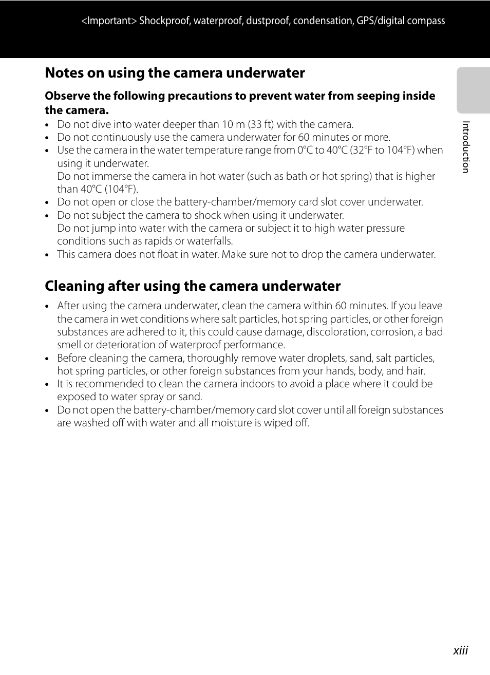 Notes on using the camera underwater, Cleaning after using the camera underwater | Nikon AW100 User Manual | Page 15 / 242