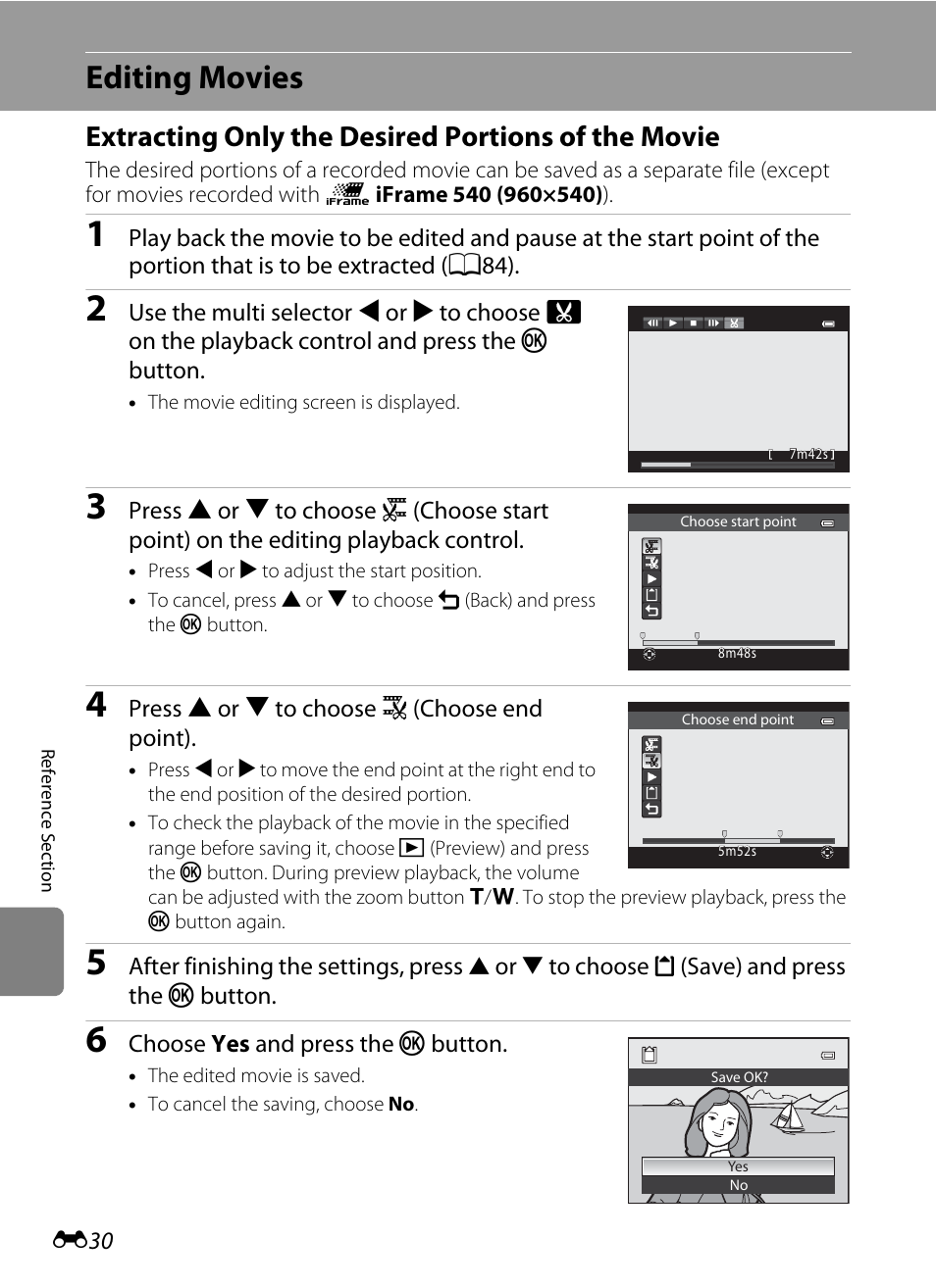 Editing movies, Extracting only the desired portions of the movie, E30) | Nikon AW100 User Manual | Page 150 / 242